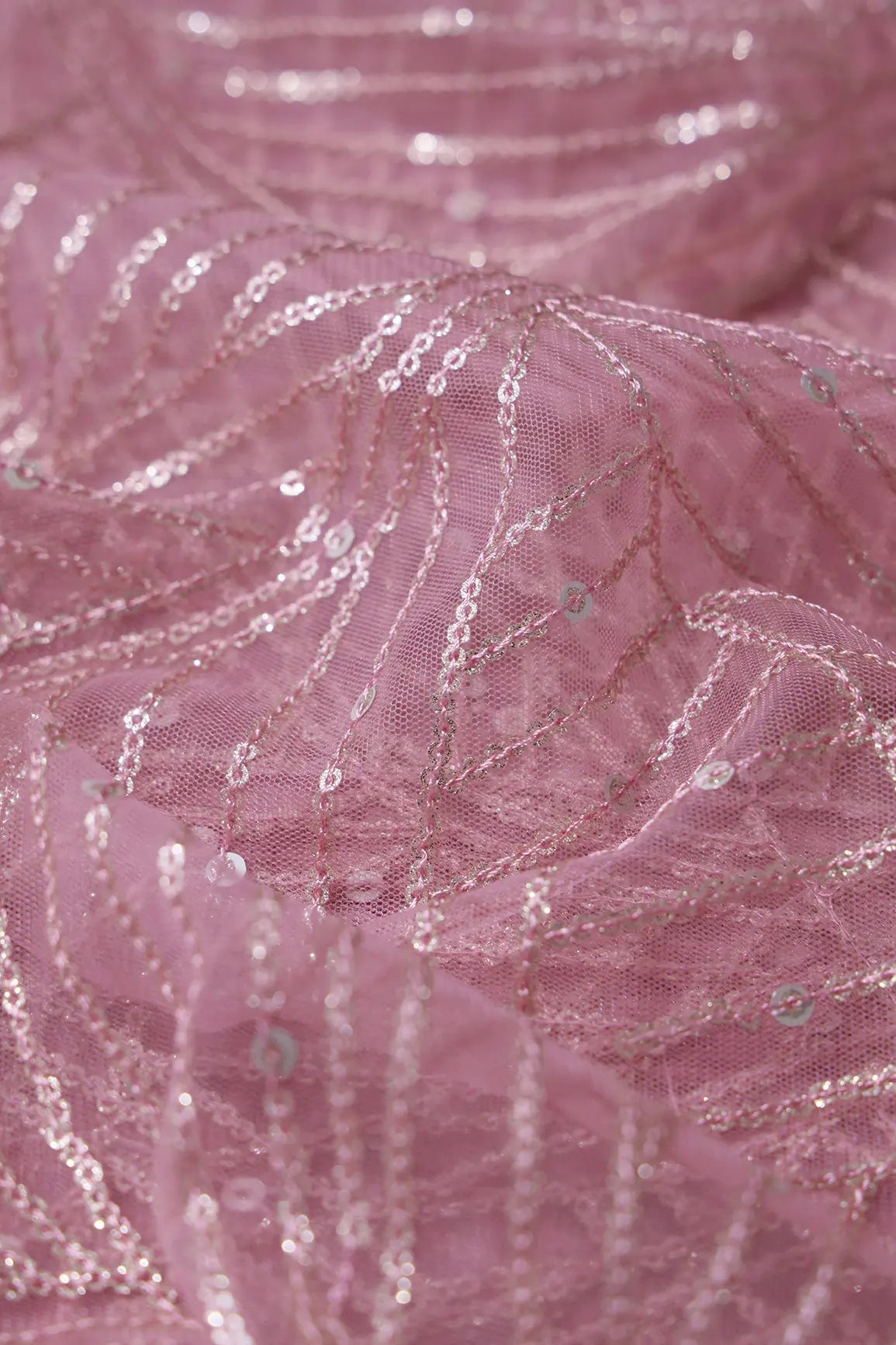 Gold Glitter Small Sequins Geometric Embroidery On Pink Soft Net Fabric - doeraa