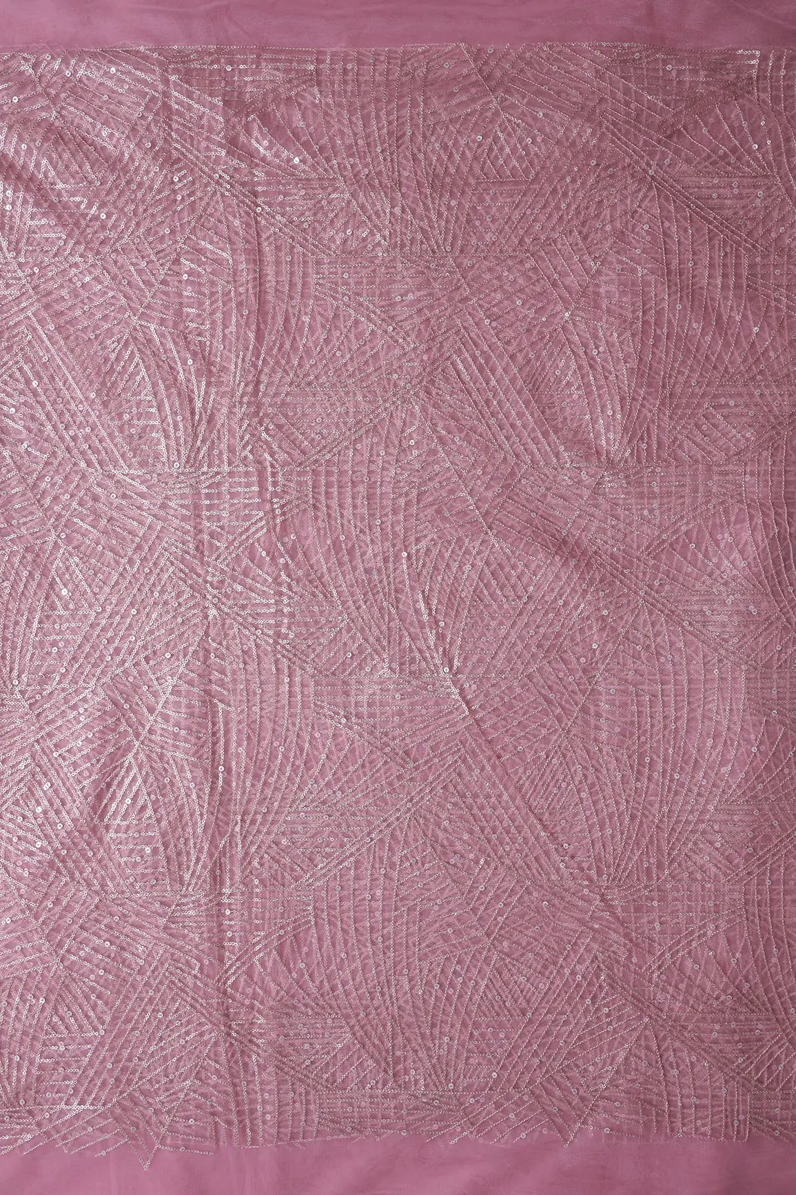 Gold Glitter Small Sequins Geometric Embroidery On Pink Soft Net Fabric - doeraa