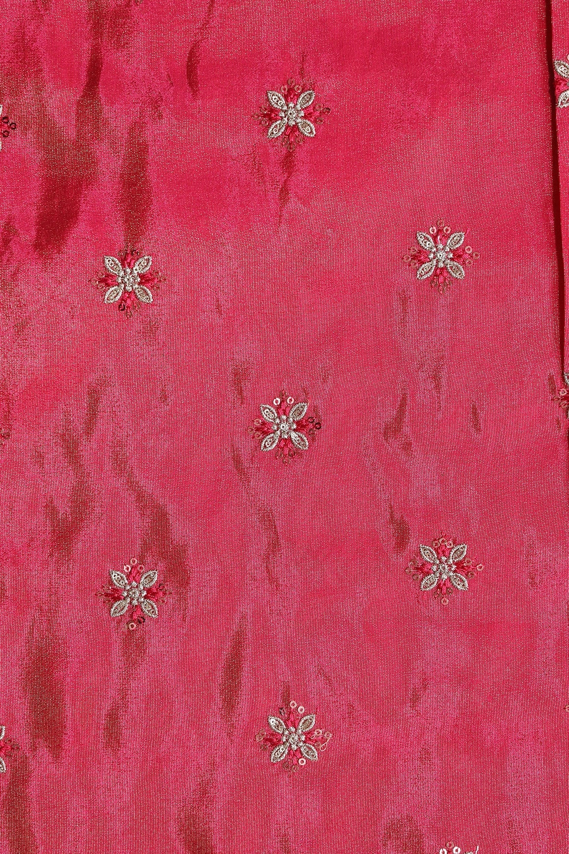 Gold Sequins And Zari Floral Booti Embroidery Work On Cerise Pink Pure Viscose Zari Tissue Fabric - doeraa