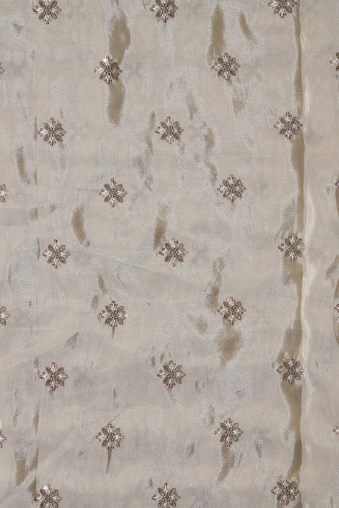 Gold Sequins And Zari Floral Booti Embroidery Work On Cream Pure Viscose Zari Tissue Fabric - doeraa