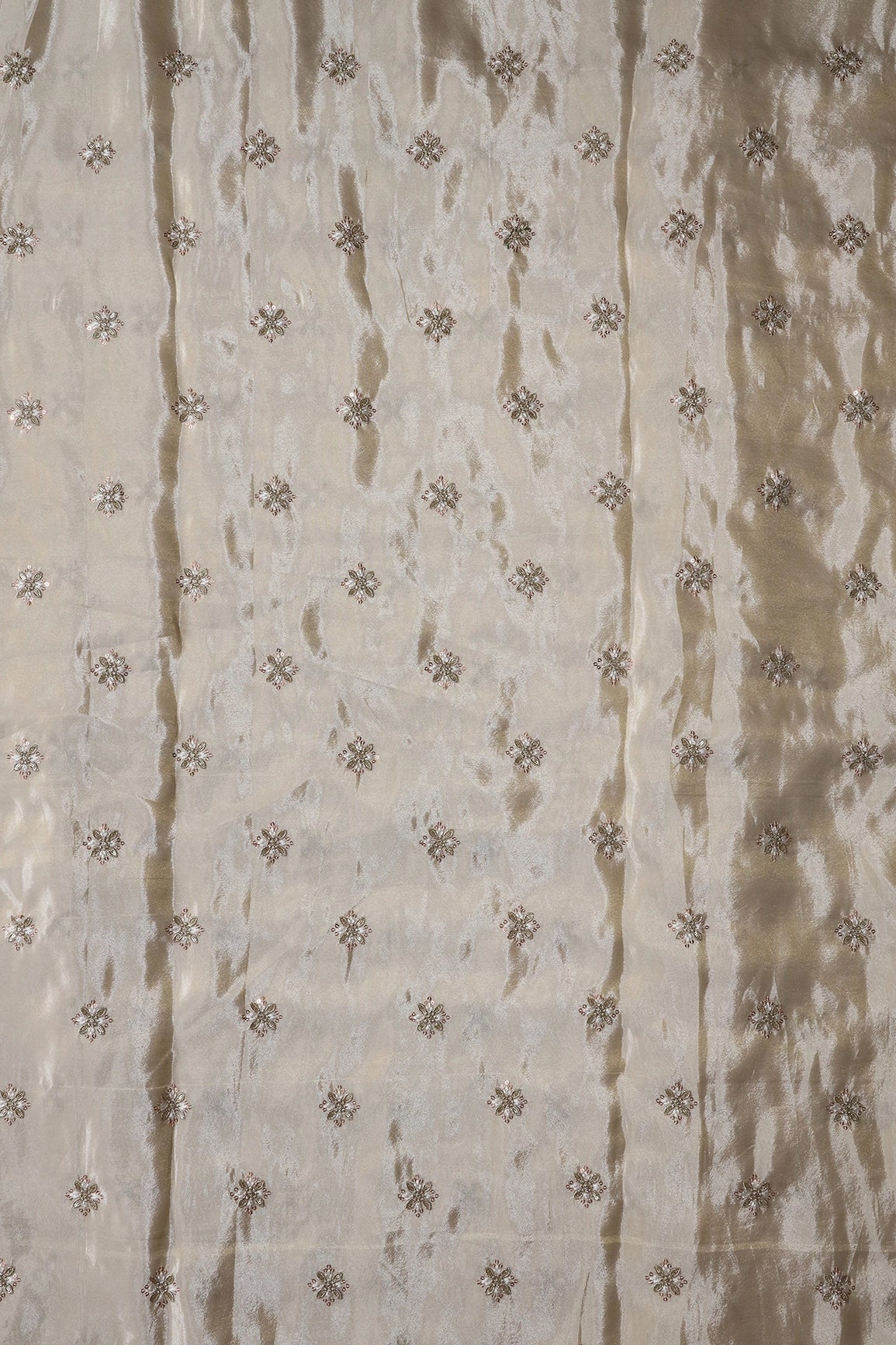 Gold Sequins And Zari Floral Booti Embroidery Work On Cream Pure Viscose Zari Tissue Fabric - doeraa