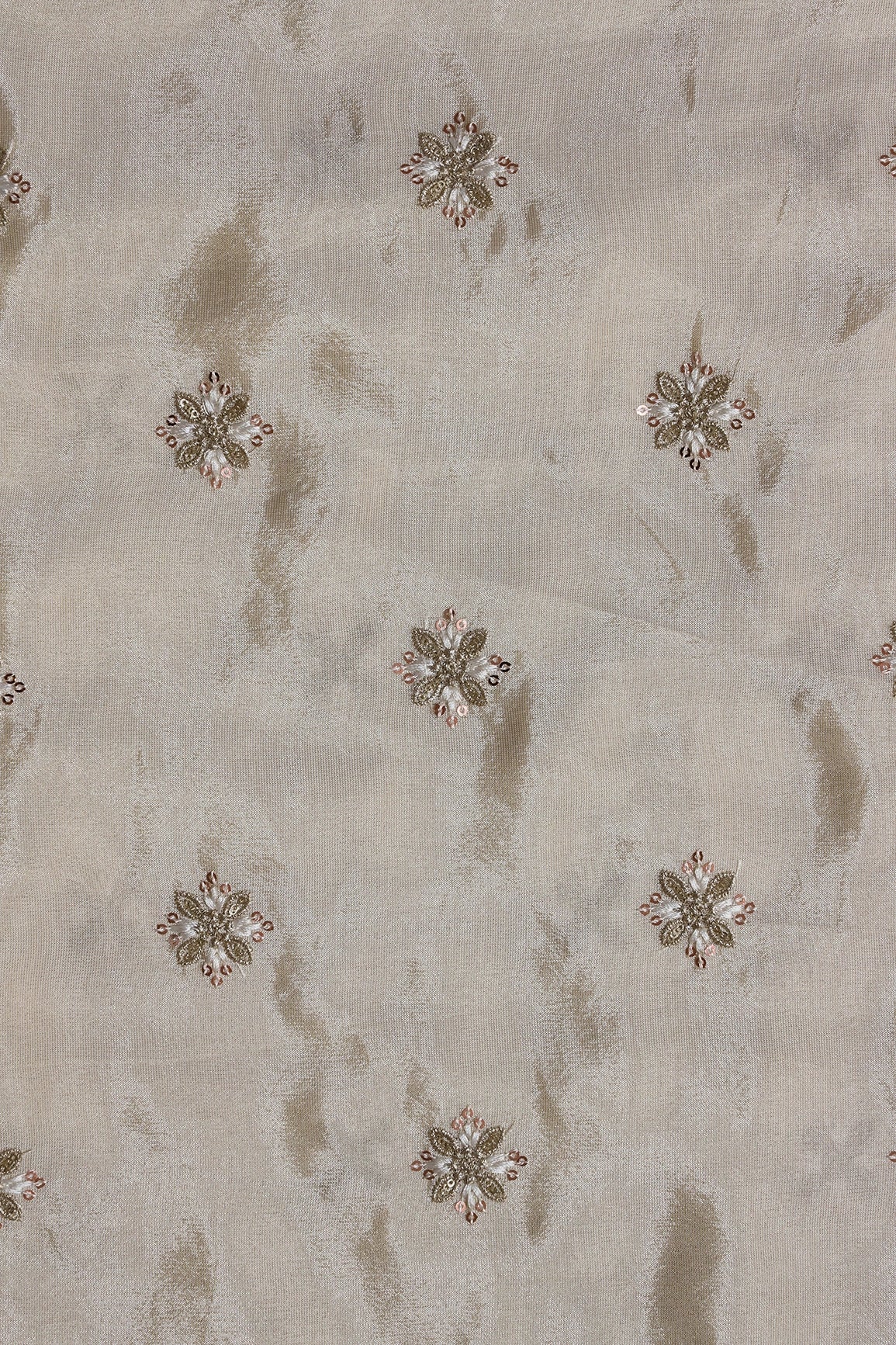 Gold Sequins And Zari Floral Booti Embroidery Work On Cream Pure Viscose Zari Tissue Fabric - doeraa