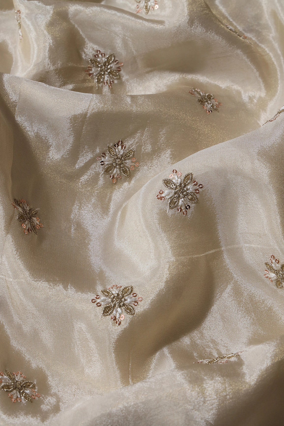 Gold Sequins And Zari Floral Booti Embroidery Work On Cream Pure Viscose Zari Tissue Fabric - doeraa