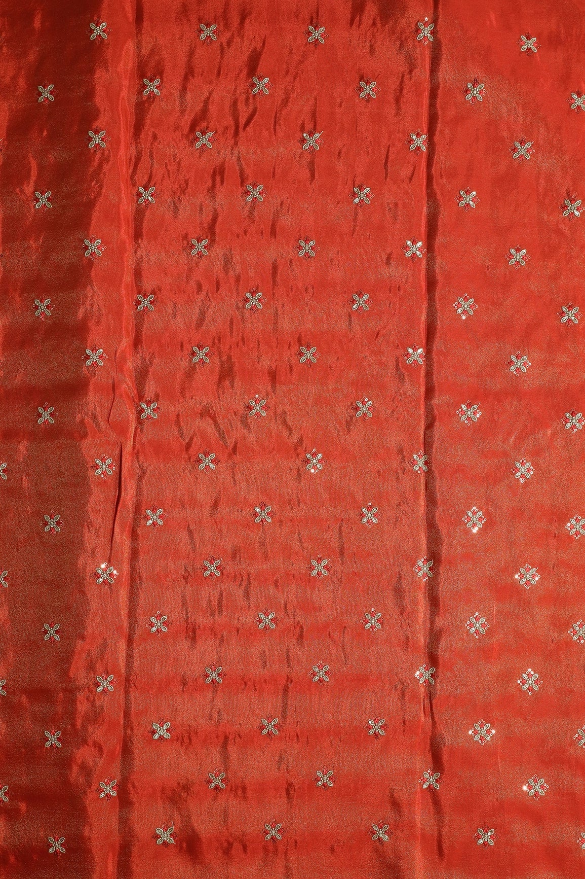 Gold Sequins And Zari Floral Booti Embroidery Work On Dark Orange Pure Viscose Zari Tissue Fabric - doeraa