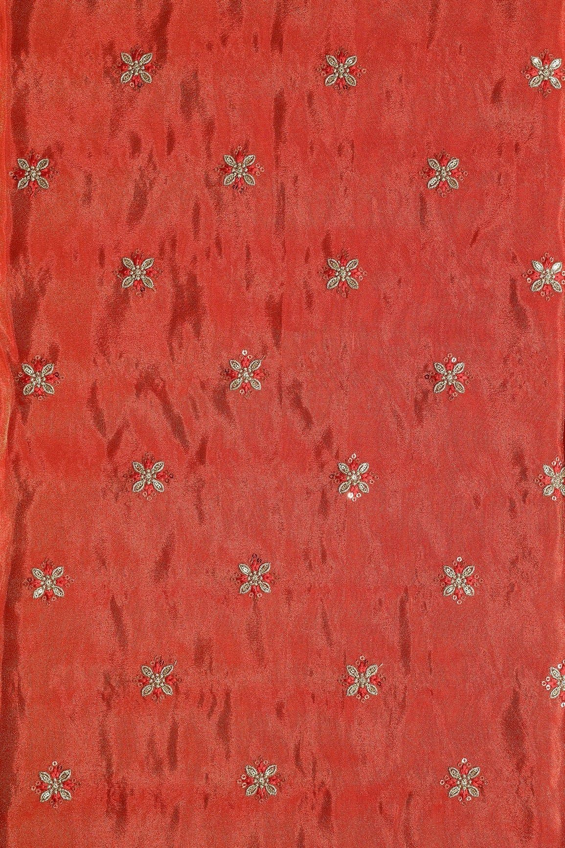 Gold Sequins And Zari Floral Booti Embroidery Work On Dark Orange Pure Viscose Zari Tissue Fabric - doeraa