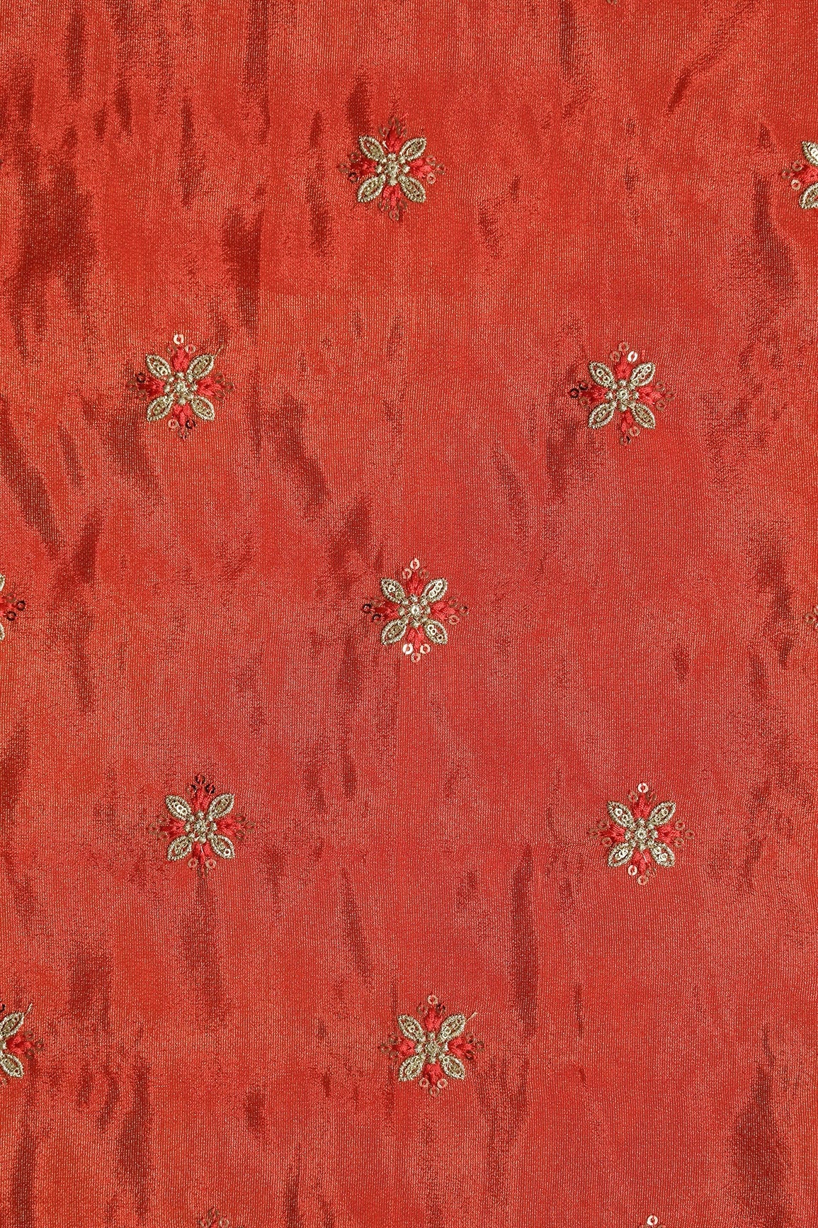 Gold Sequins And Zari Floral Booti Embroidery Work On Dark Orange Pure Viscose Zari Tissue Fabric - doeraa