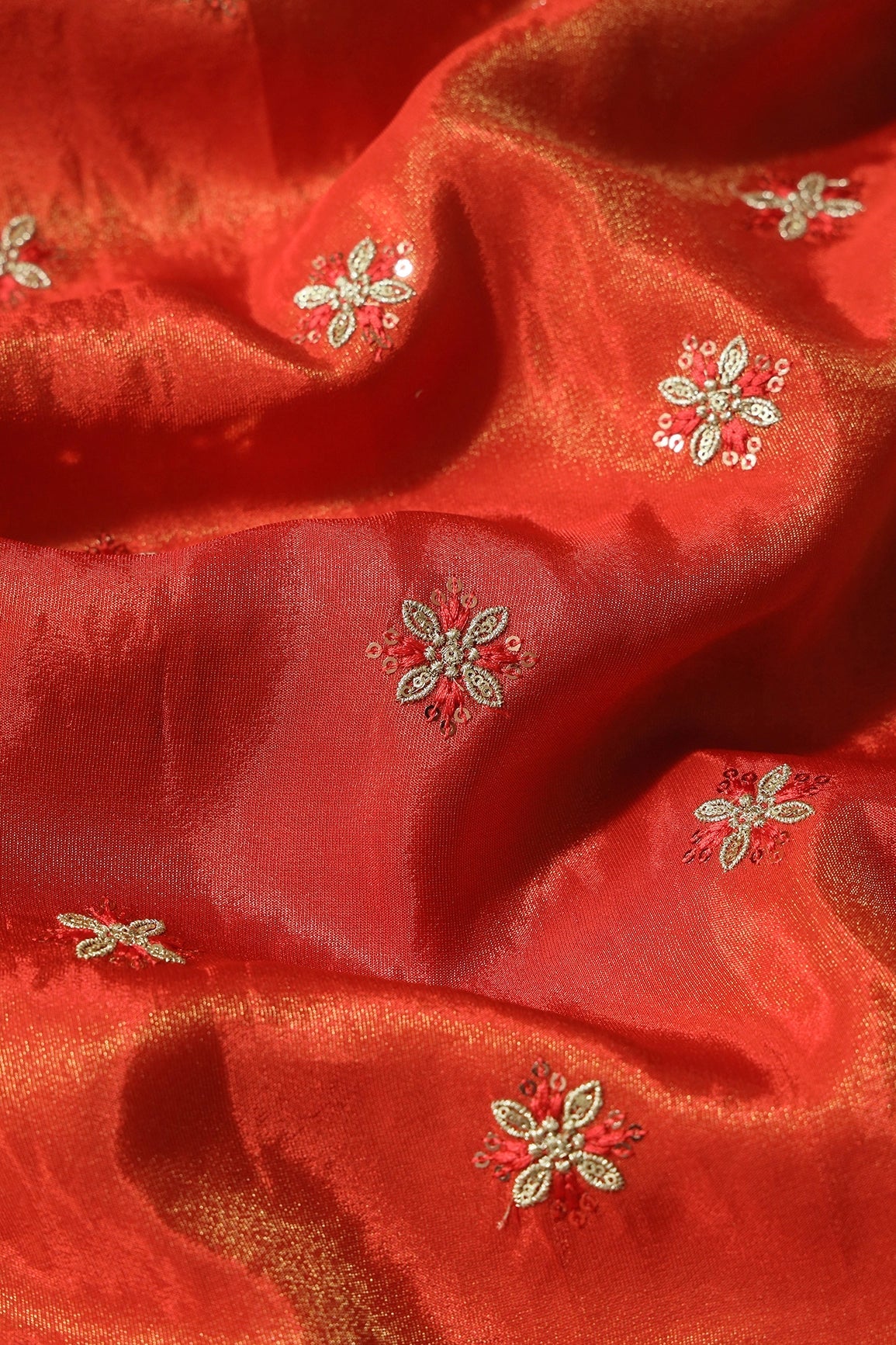 Gold Sequins And Zari Floral Booti Embroidery Work On Dark Orange Pure Viscose Zari Tissue Fabric - doeraa