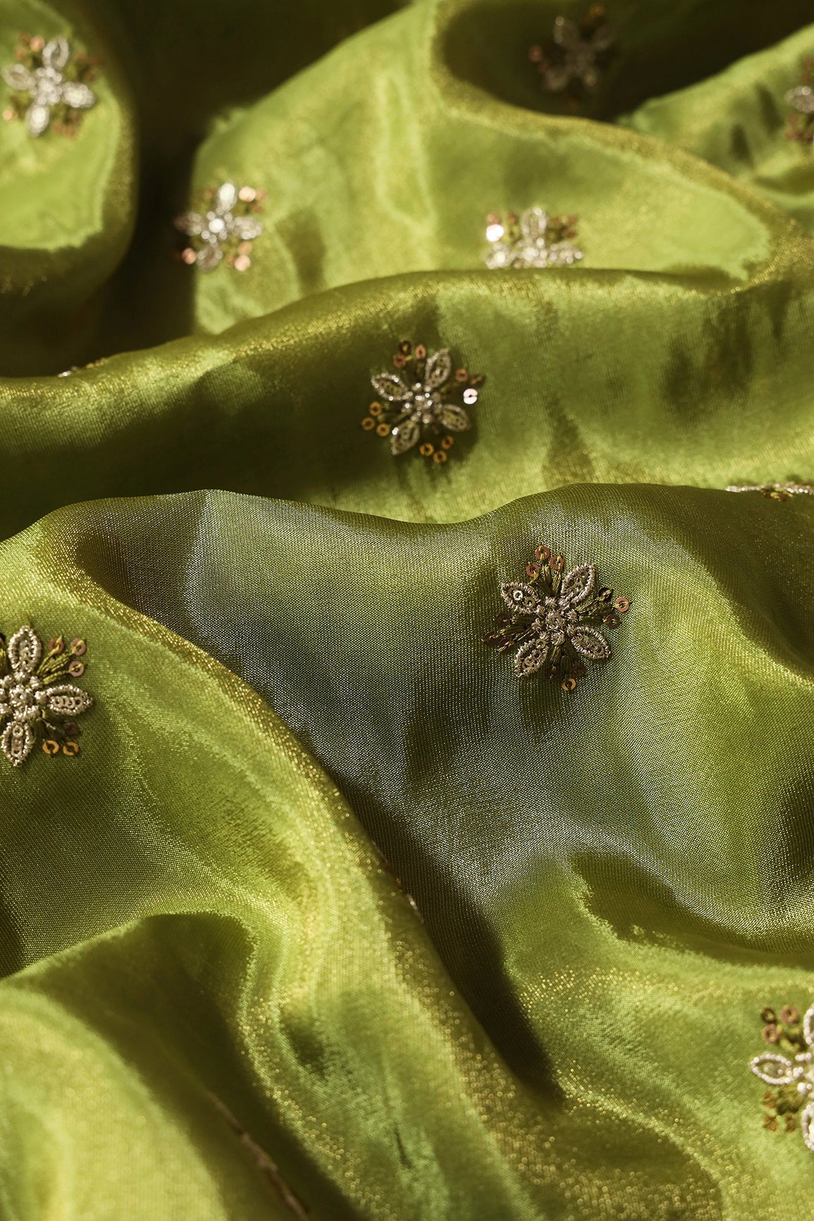 Gold Sequins And Zari Floral Booti Embroidery Work On Olive Green Pure Viscose Zari Tissue Fabric - doeraa