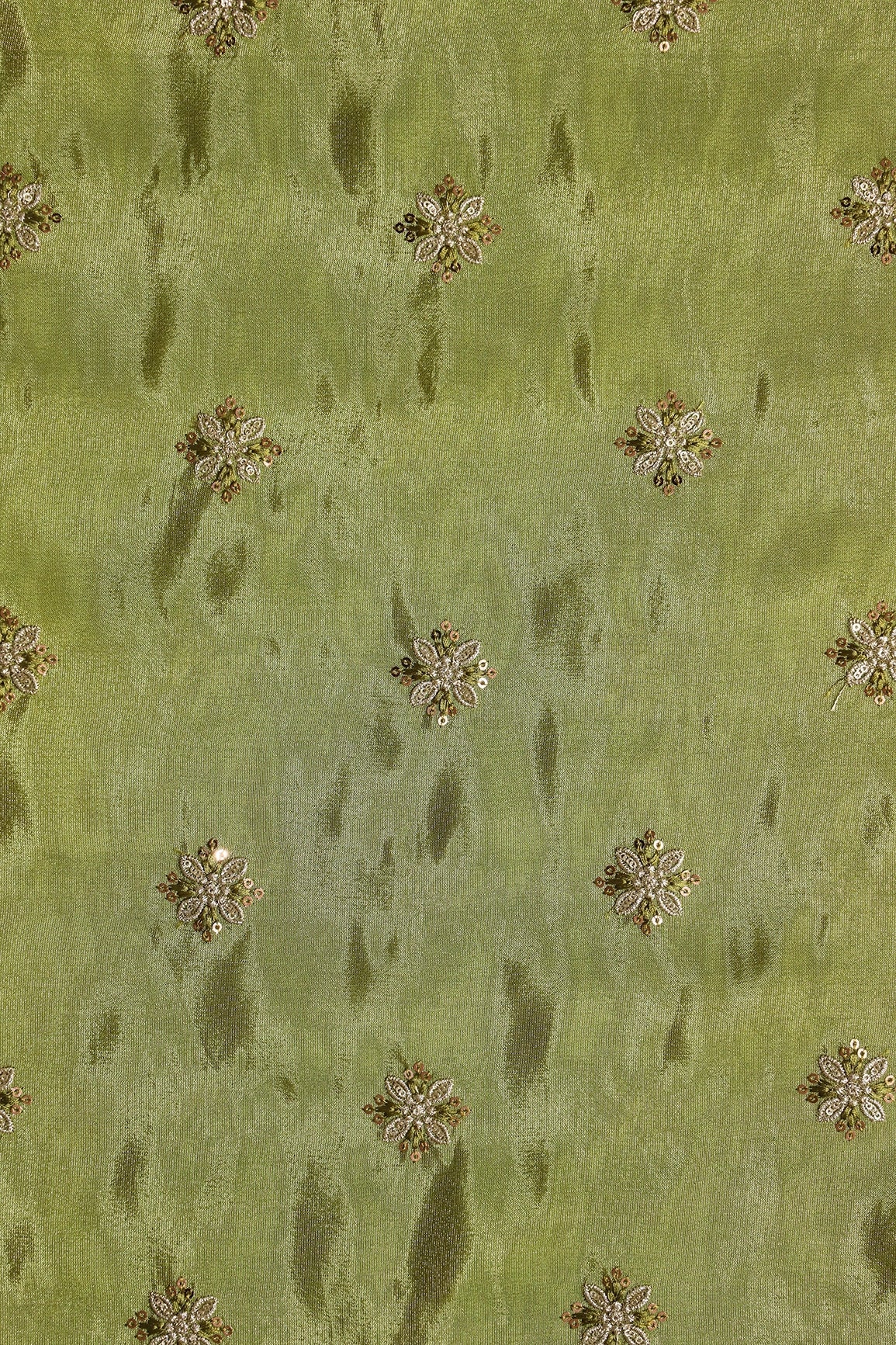 Gold Sequins And Zari Floral Booti Embroidery Work On Olive Green Pure Viscose Zari Tissue Fabric - doeraa