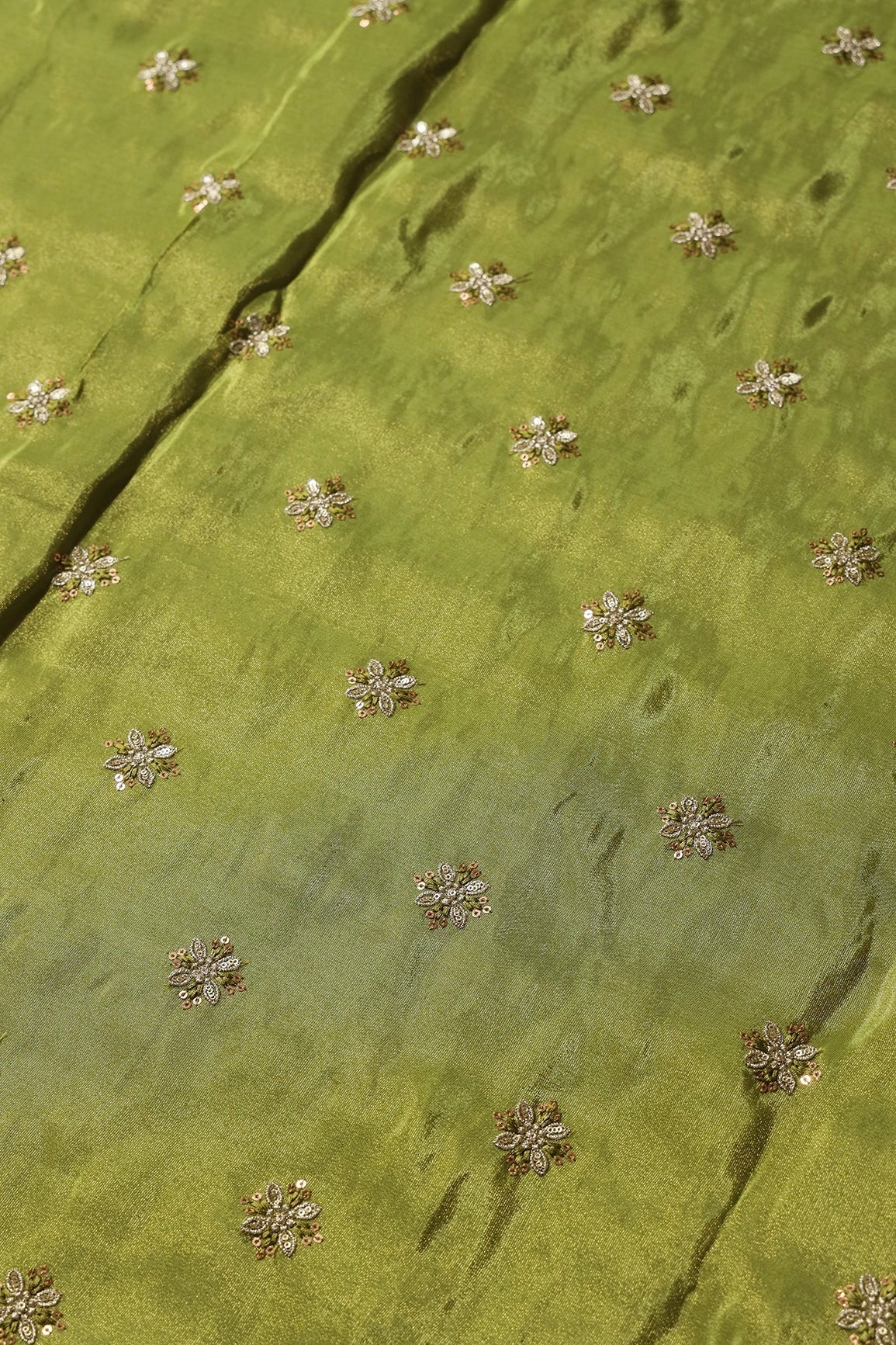 Gold Sequins And Zari Floral Booti Embroidery Work On Olive Green Pure Viscose Zari Tissue Fabric - doeraa