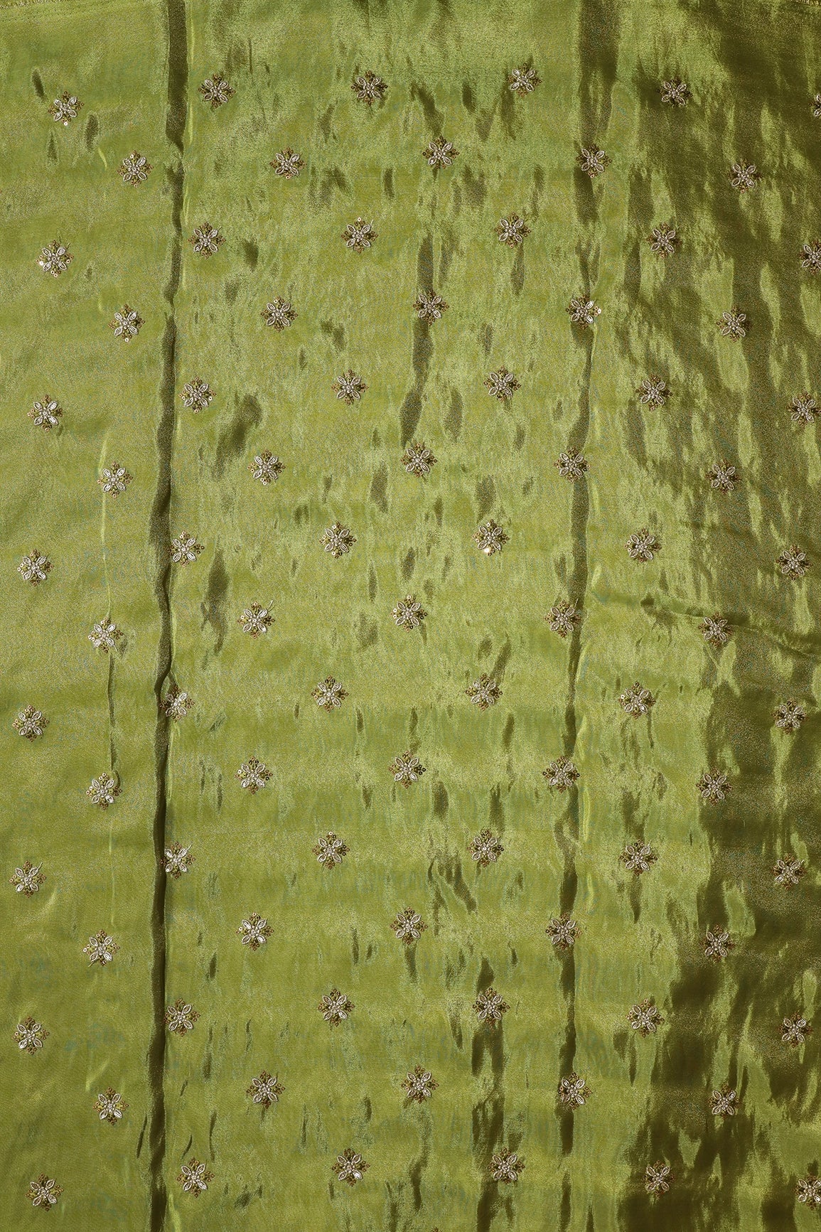 Gold Sequins And Zari Floral Booti Embroidery Work On Olive Green Pure Viscose Zari Tissue Fabric - doeraa