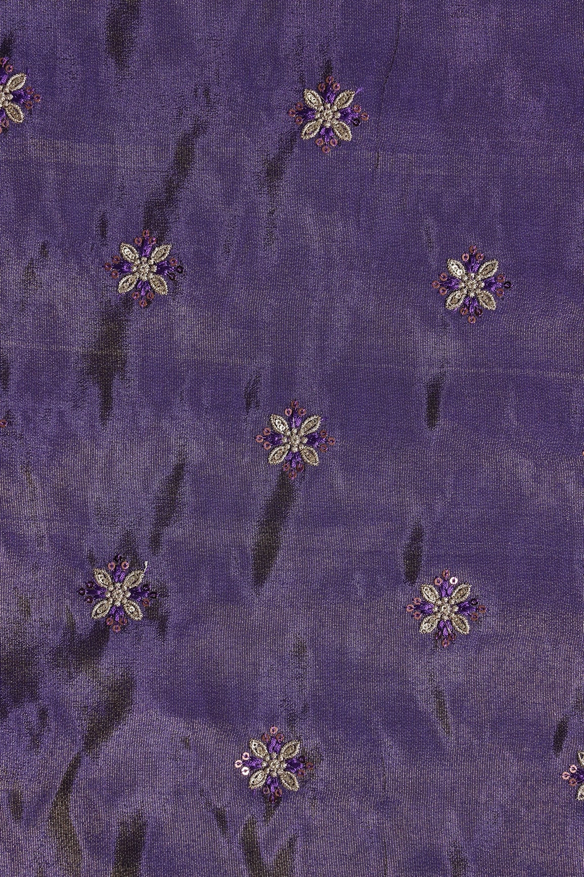 Gold Sequins And Zari Floral Booti Embroidery Work On Purple Pure Viscose Zari Tissue Fabric - doeraa