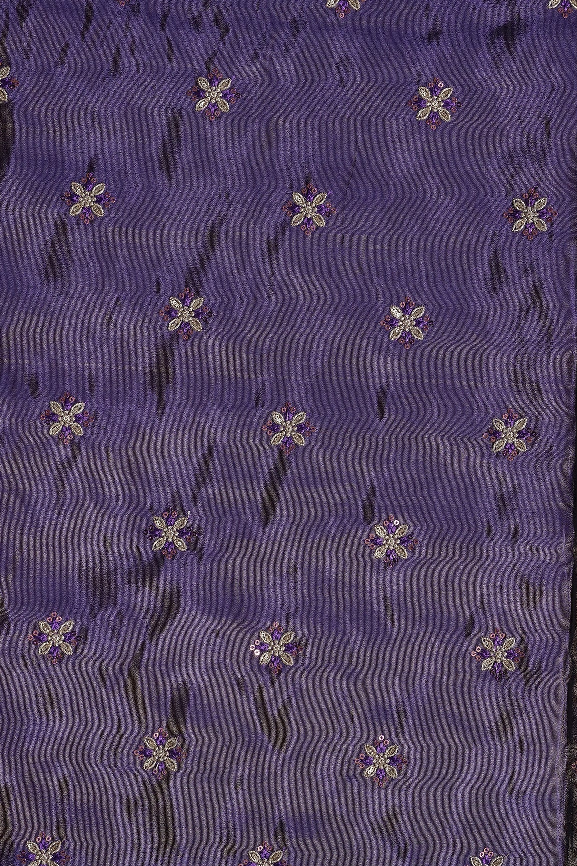 Gold Sequins And Zari Floral Booti Embroidery Work On Purple Pure Viscose Zari Tissue Fabric - doeraa