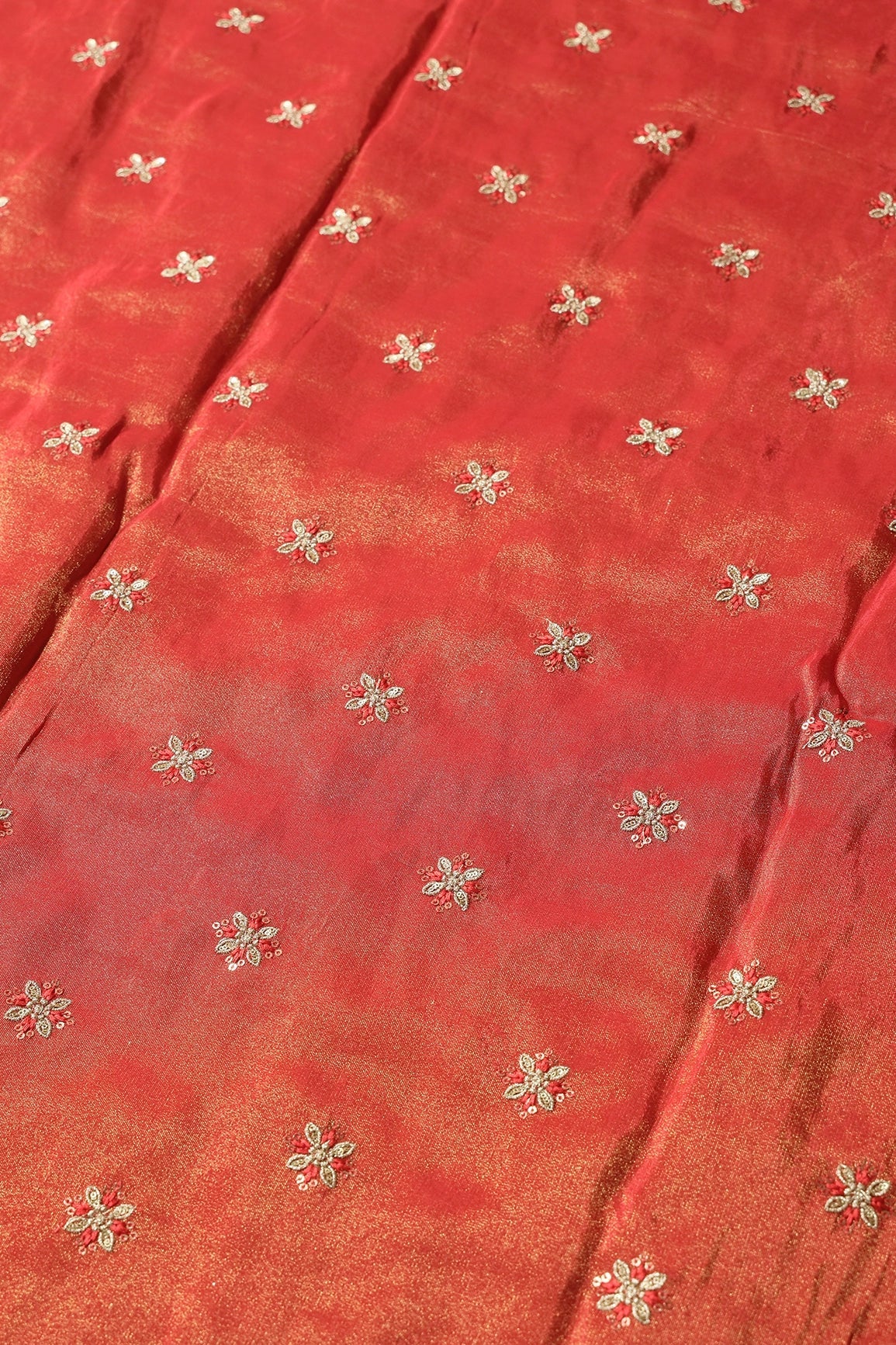 Gold Sequins And Zari Floral Booti Embroidery Work On Red Pure Viscose Zari Tissue Fabric - doeraa