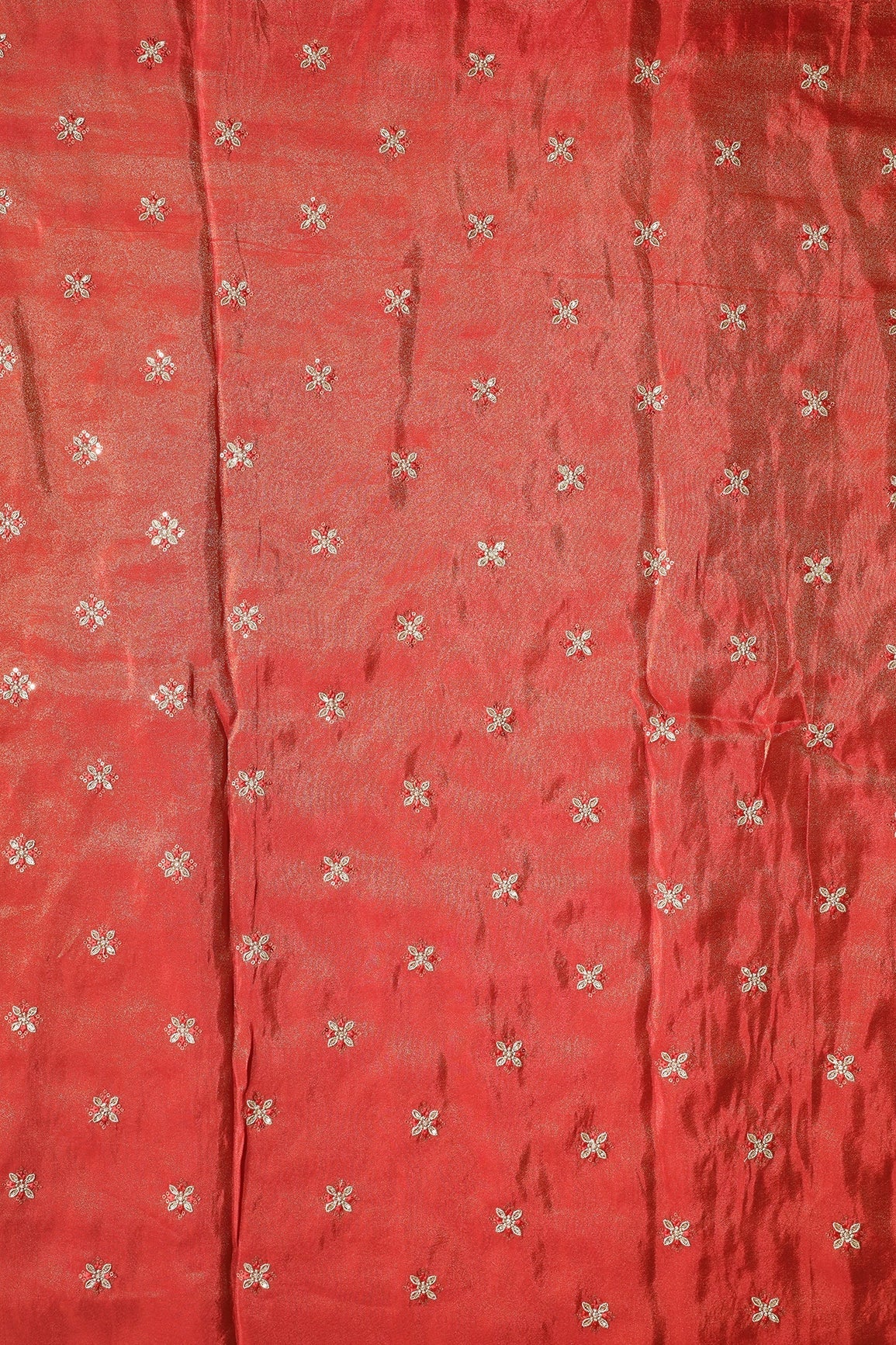 Gold Sequins And Zari Floral Booti Embroidery Work On Red Pure Viscose Zari Tissue Fabric - doeraa