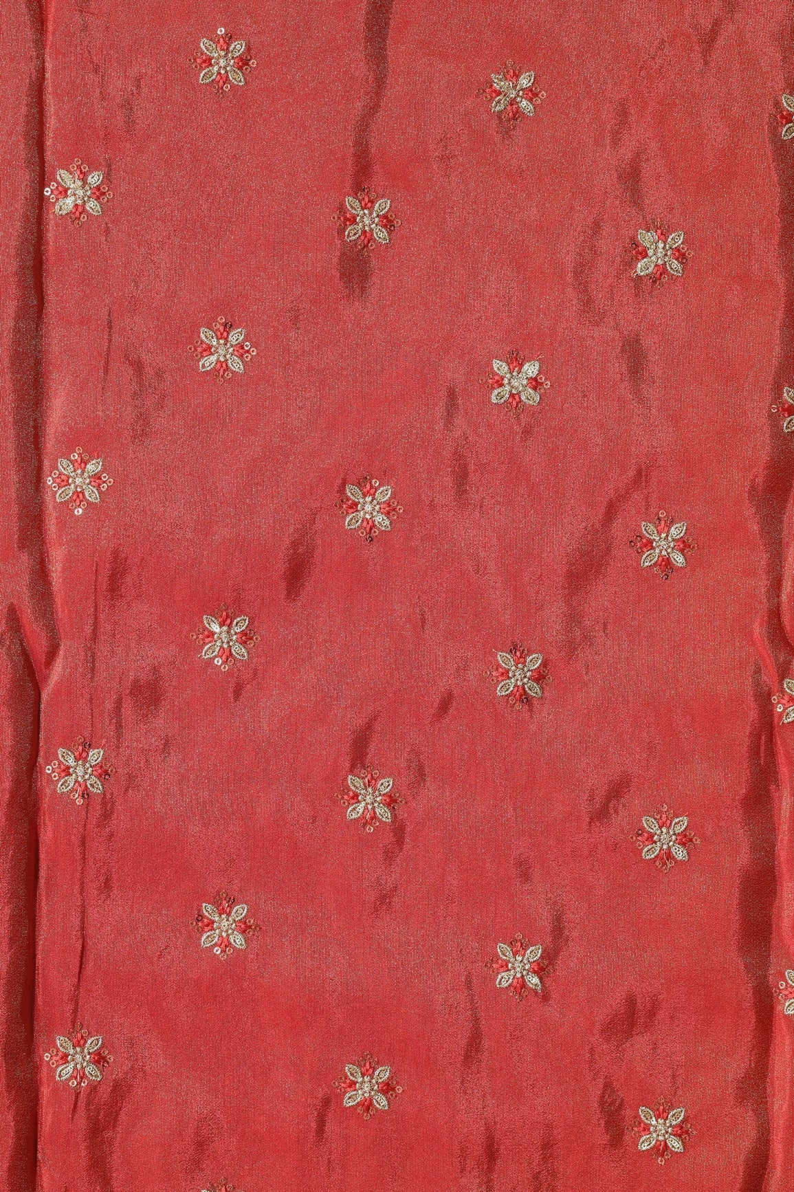 Gold Sequins And Zari Floral Booti Embroidery Work On Red Pure Viscose Zari Tissue Fabric - doeraa