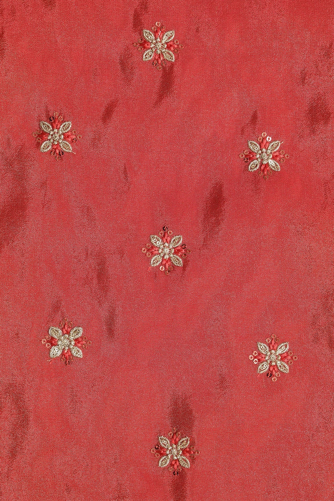 Gold Sequins And Zari Floral Booti Embroidery Work On Red Pure Viscose Zari Tissue Fabric - doeraa