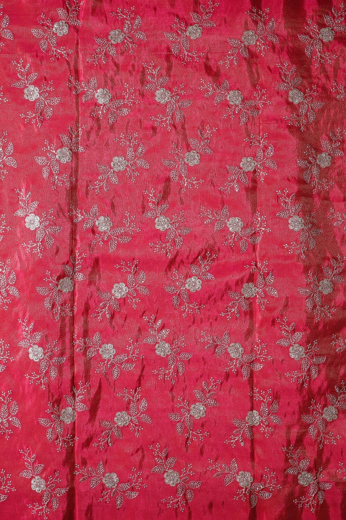 Gold Sequins And Zari Floral Embroidery Work On Cerise Pink Pure Viscose Zari Tissue Fabric - doeraa