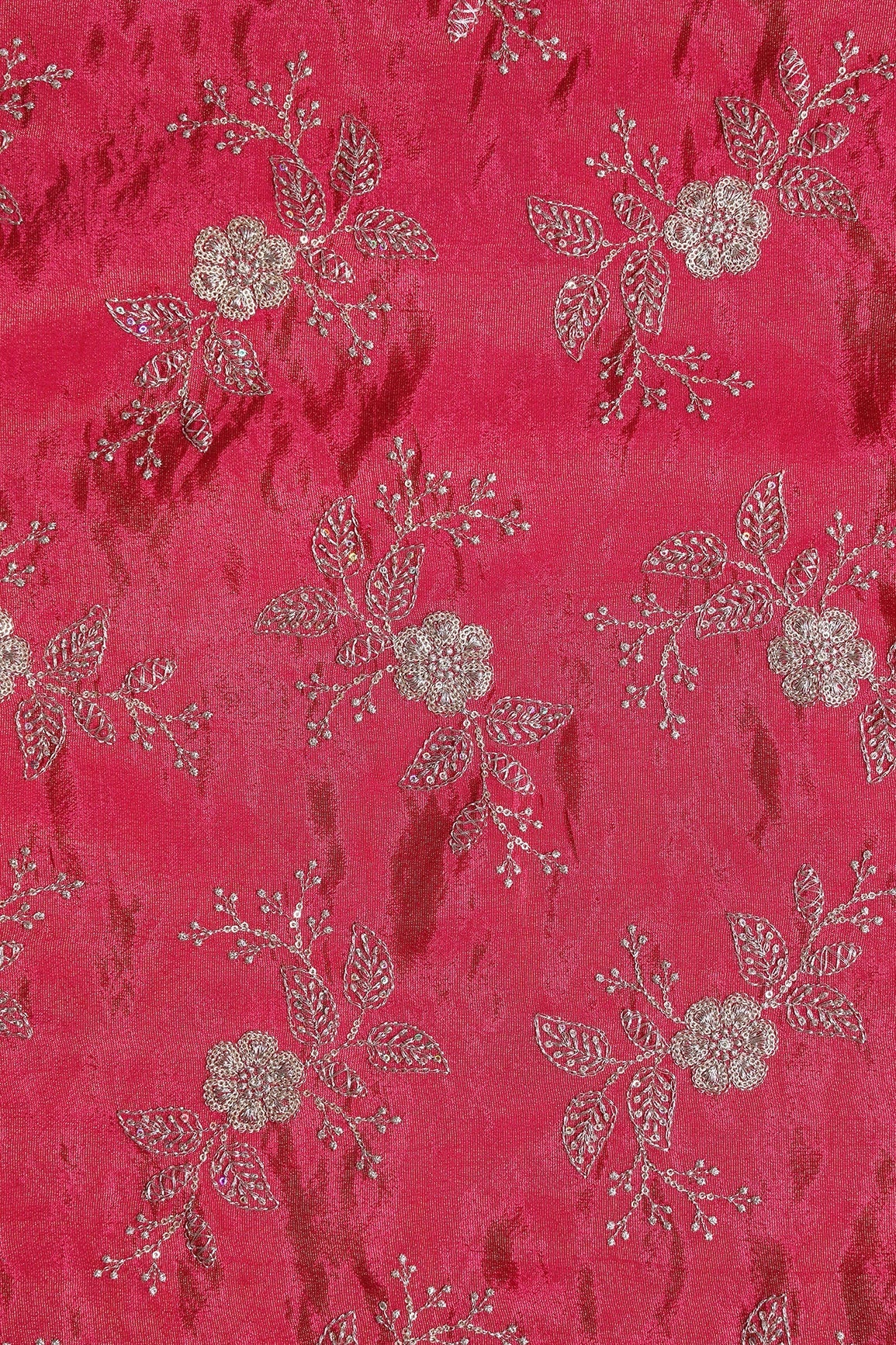 Gold Sequins And Zari Floral Embroidery Work On Cerise Pink Pure Viscose Zari Tissue Fabric - doeraa