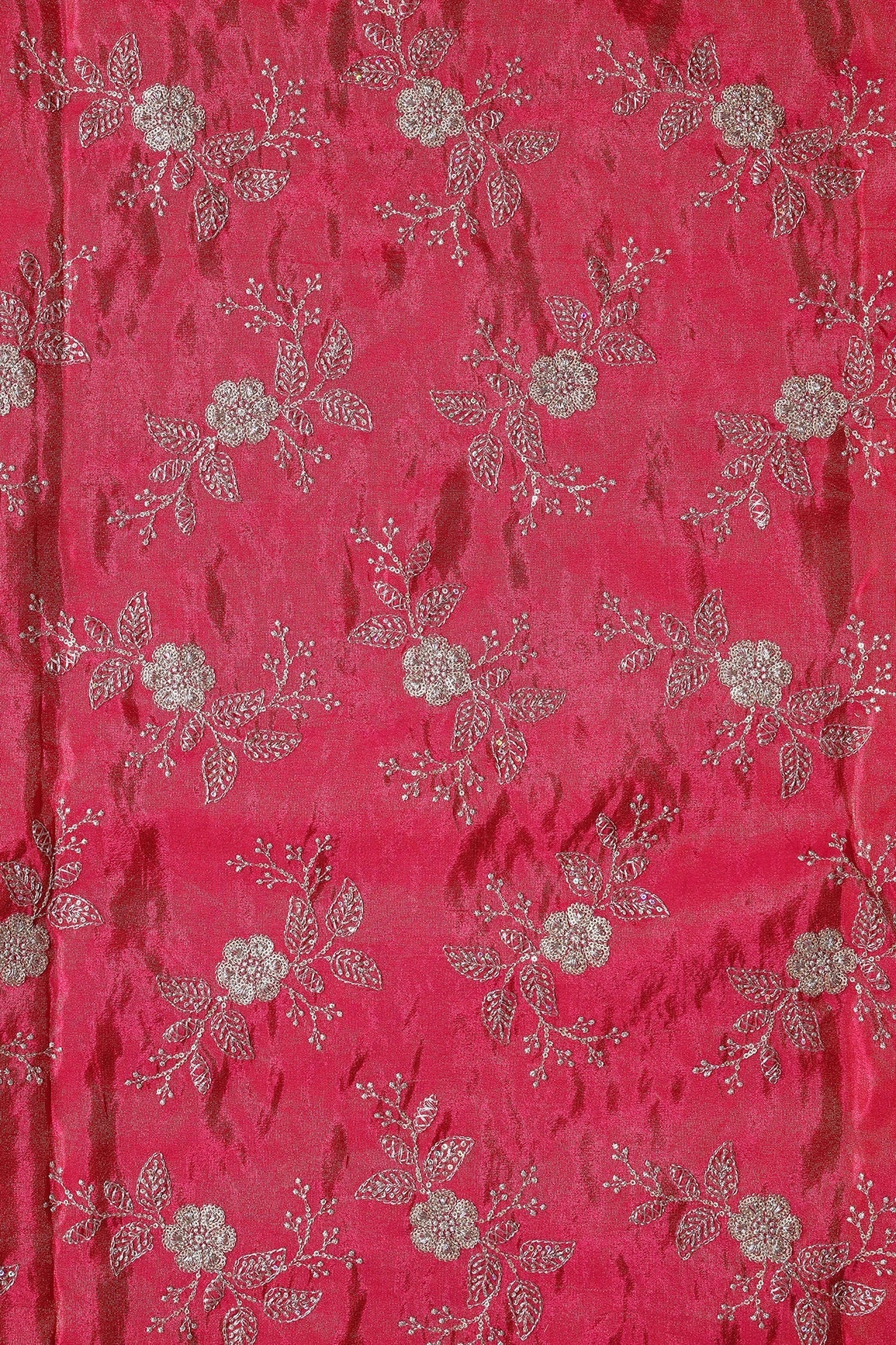 Gold Sequins And Zari Floral Embroidery Work On Cerise Pink Pure Viscose Zari Tissue Fabric - doeraa