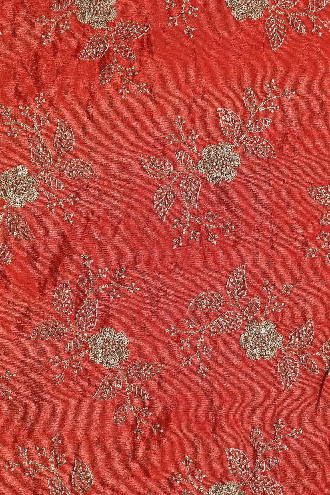Gold Sequins And Zari Floral Embroidery Work On Dark Orange Pure Viscose Zari Tissue Fabric - doeraa