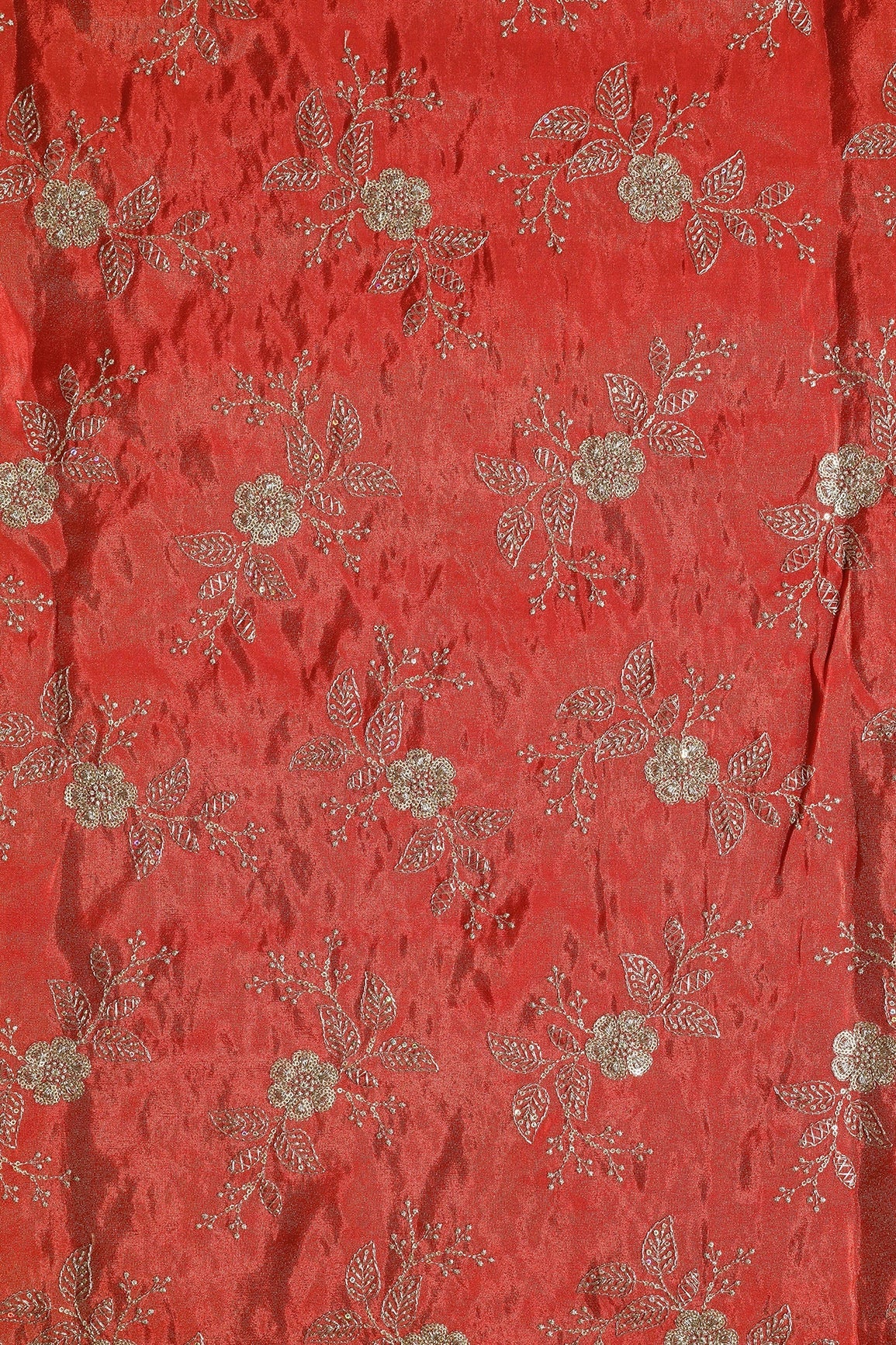 Gold Sequins And Zari Floral Embroidery Work On Dark Orange Pure Viscose Zari Tissue Fabric - doeraa