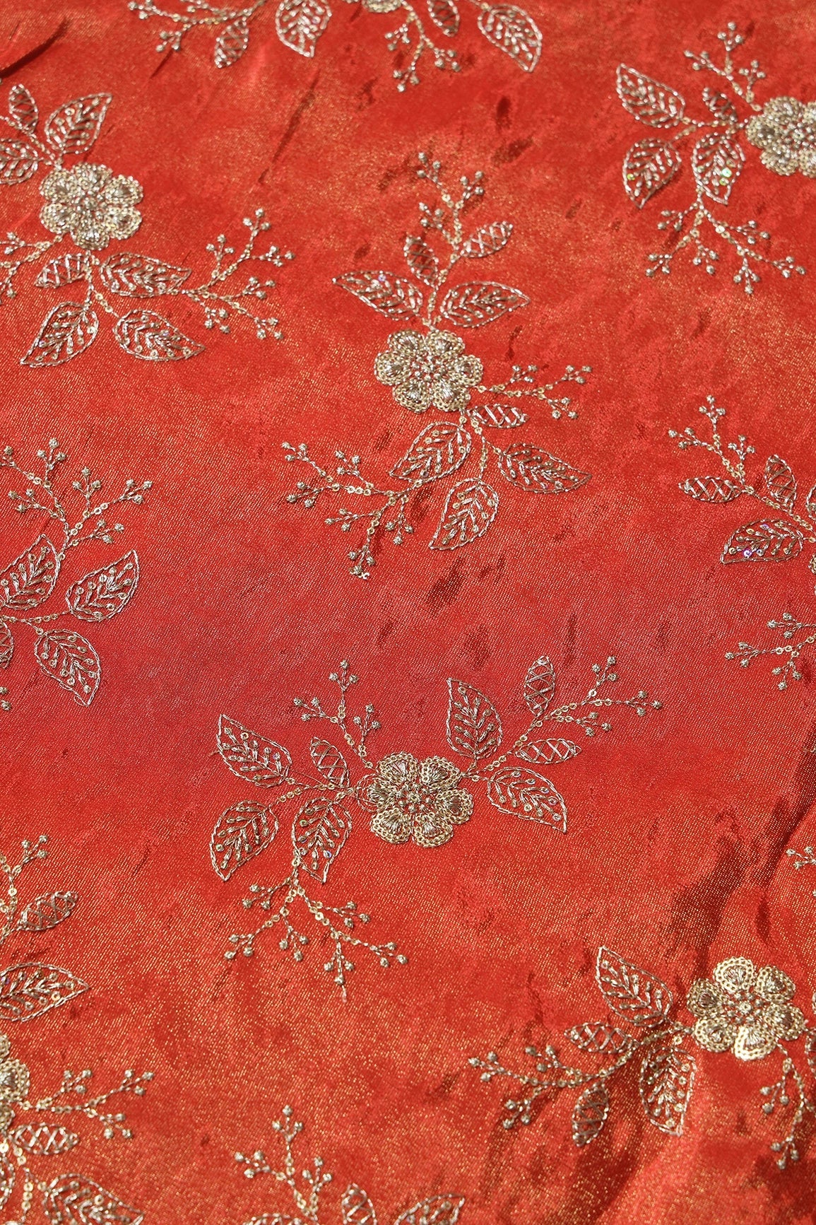 Gold Sequins And Zari Floral Embroidery Work On Dark Orange Pure Viscose Zari Tissue Fabric - doeraa
