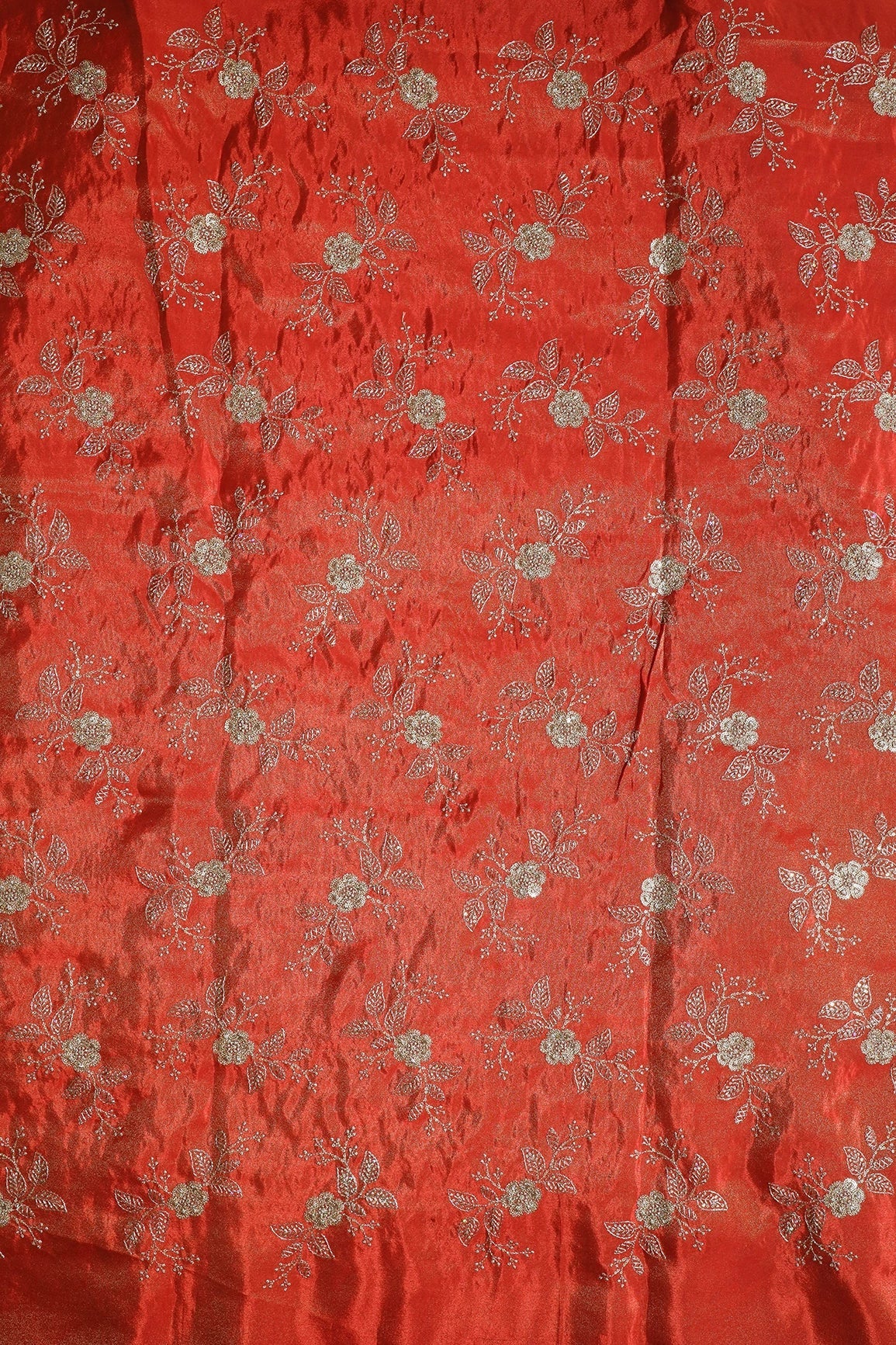 Gold Sequins And Zari Floral Embroidery Work On Dark Orange Pure Viscose Zari Tissue Fabric - doeraa