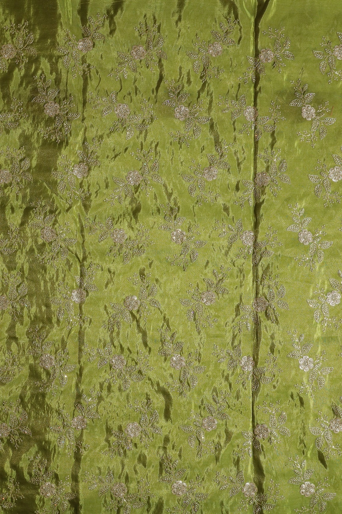Gold Sequins And Zari Floral Embroidery Work On Olive Green Pure Viscose Zari Tissue Fabric - doeraa