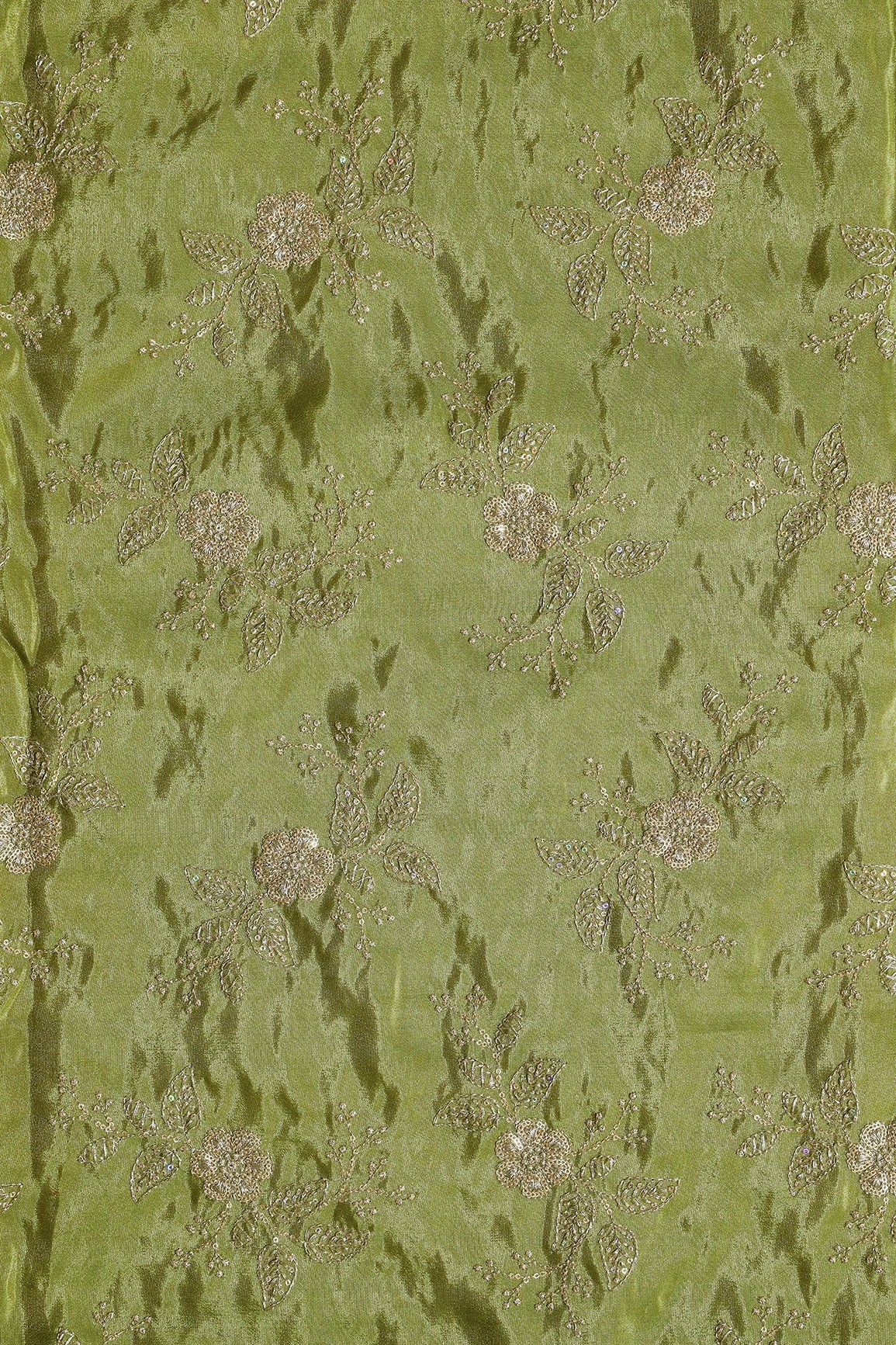 Gold Sequins And Zari Floral Embroidery Work On Olive Green Pure Viscose Zari Tissue Fabric - doeraa
