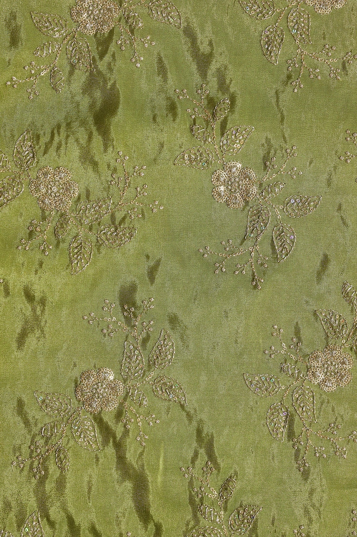 Gold Sequins And Zari Floral Embroidery Work On Olive Green Pure Viscose Zari Tissue Fabric - doeraa