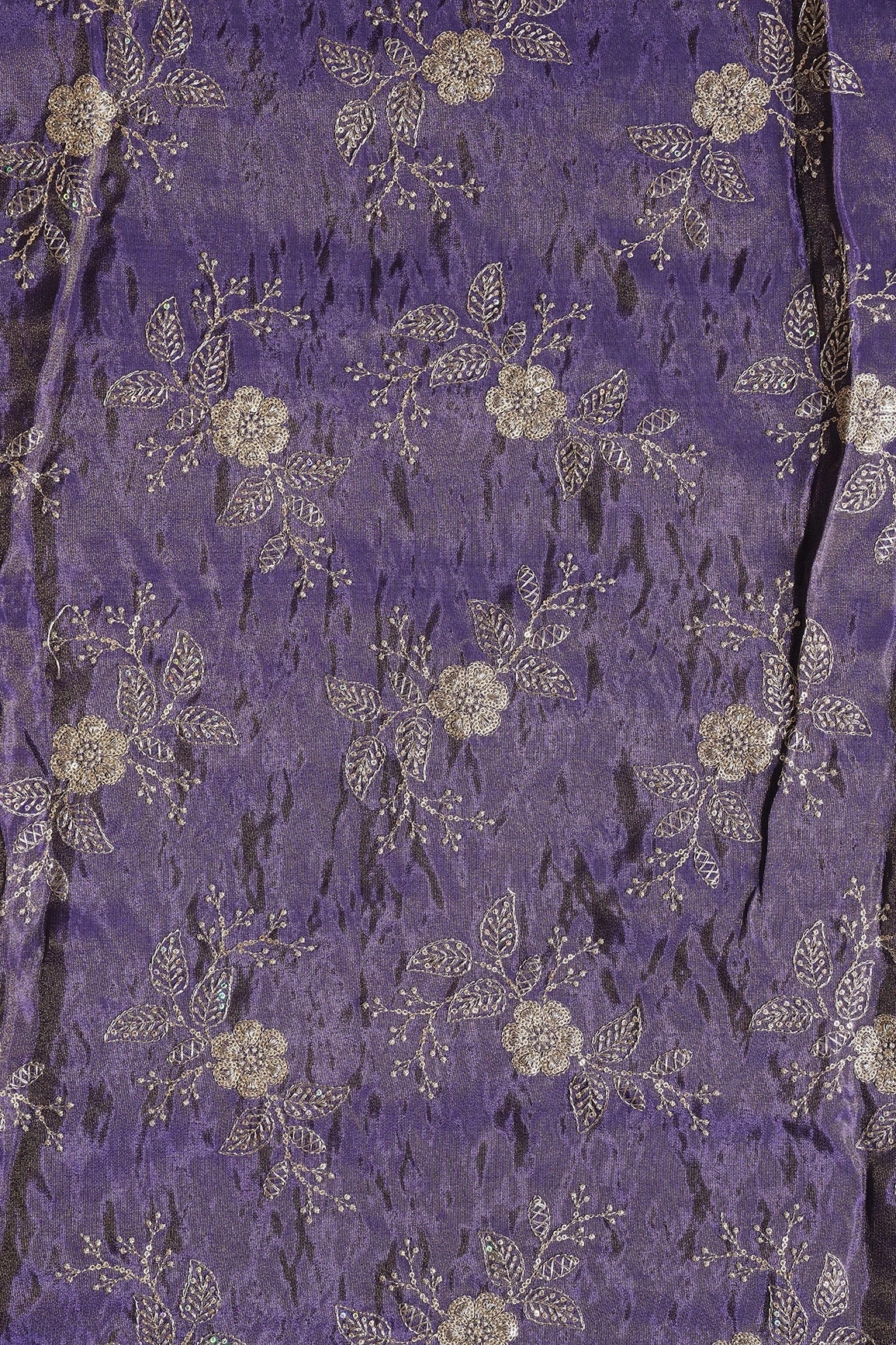 Gold Sequins And Zari Floral Embroidery Work On Purple Pure Viscose Zari Tissue Fabric - doeraa