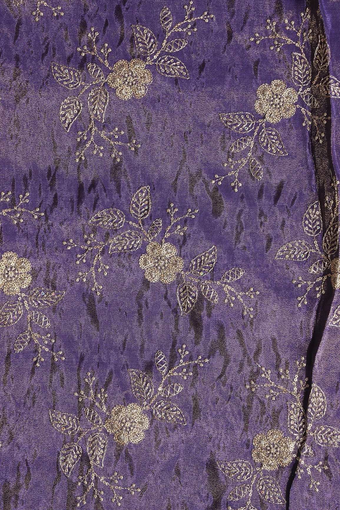 Gold Sequins And Zari Floral Embroidery Work On Purple Pure Viscose Zari Tissue Fabric - doeraa