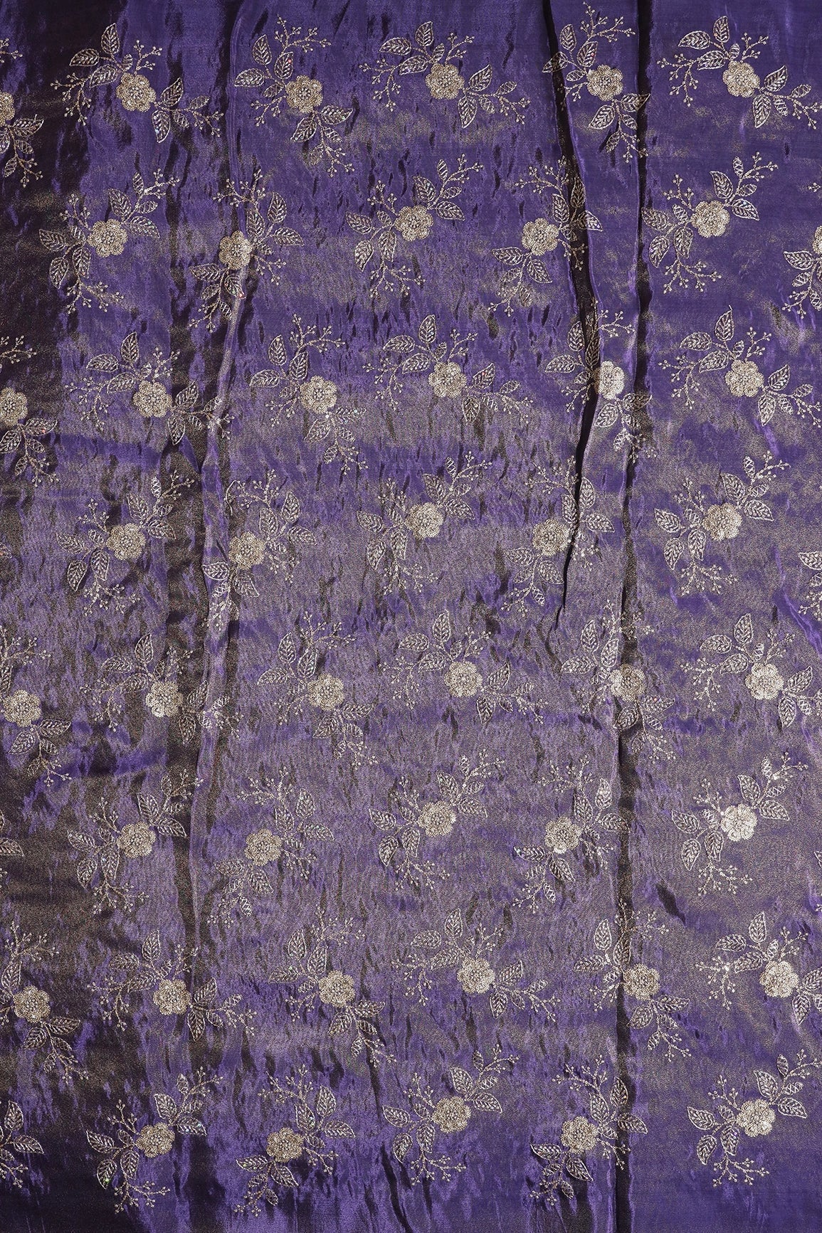 Gold Sequins And Zari Floral Embroidery Work On Purple Pure Viscose Zari Tissue Fabric - doeraa