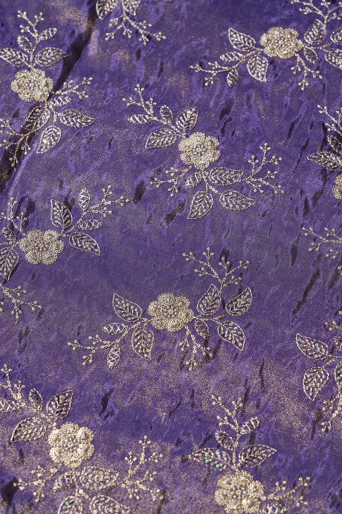 Gold Sequins And Zari Floral Embroidery Work On Purple Pure Viscose Zari Tissue Fabric - doeraa