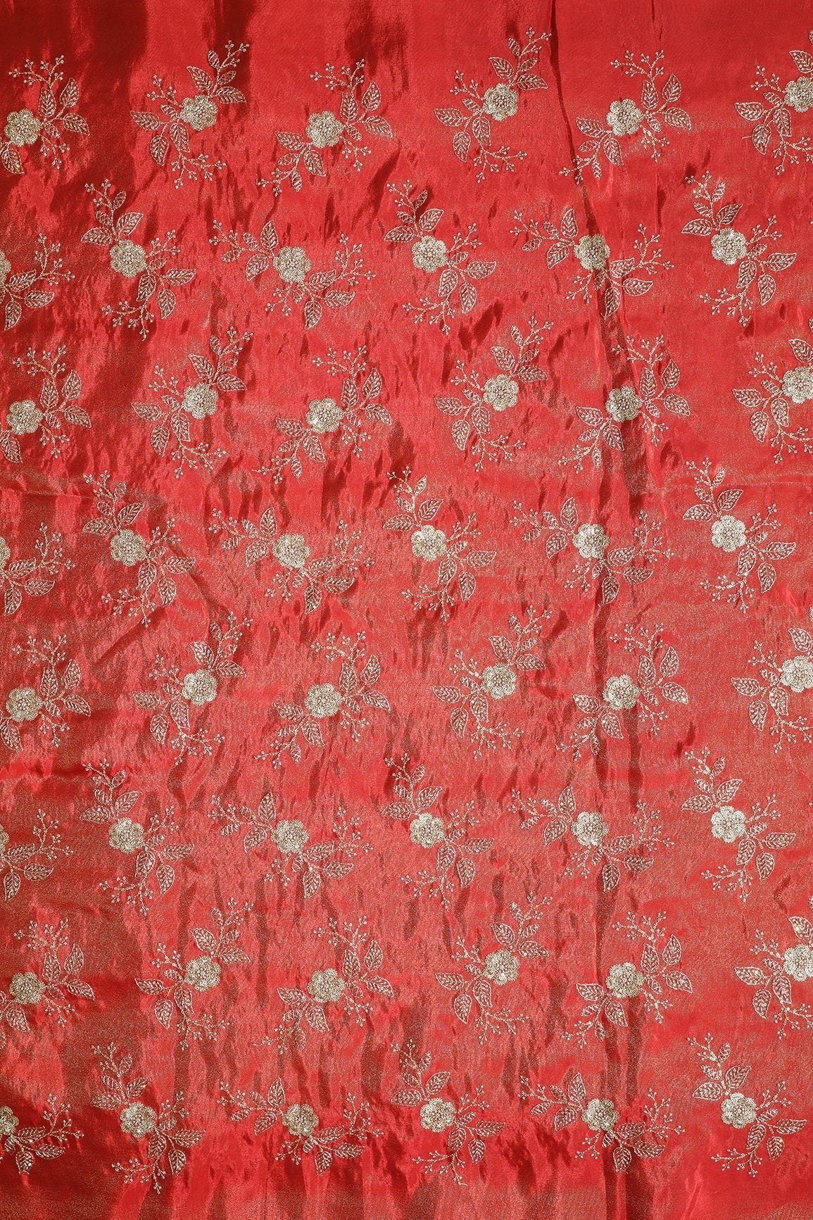 Gold Sequins And Zari Floral Embroidery Work On Red Pure Viscose Zari Tissue Fabric - doeraa