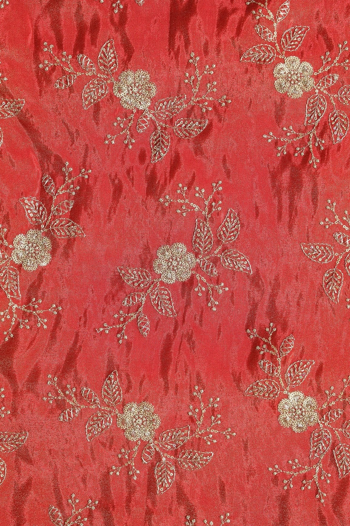 Gold Sequins And Zari Floral Embroidery Work On Red Pure Viscose Zari Tissue Fabric - doeraa