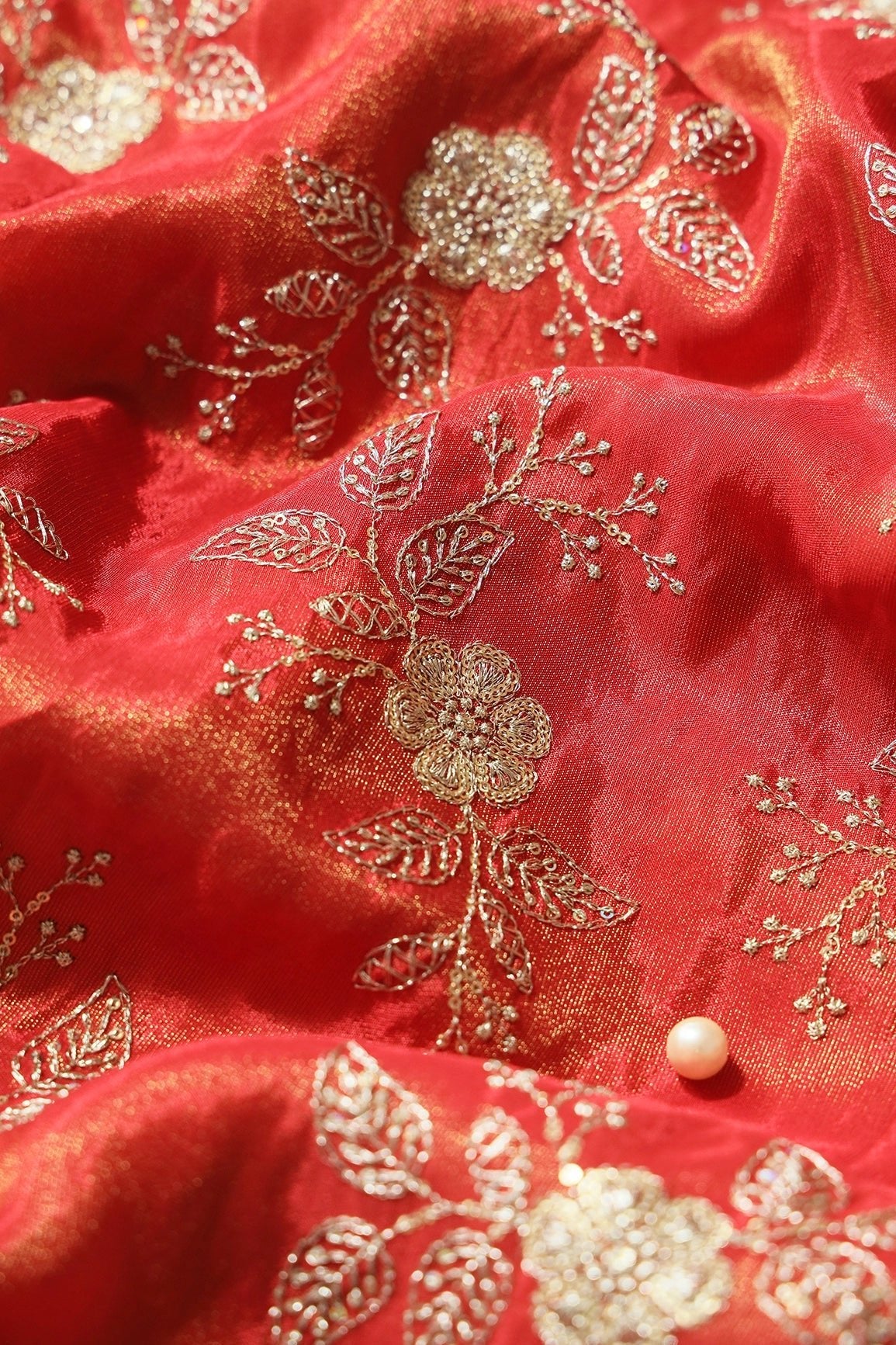 Gold Sequins And Zari Floral Embroidery Work On Red Pure Viscose Zari Tissue Fabric - doeraa