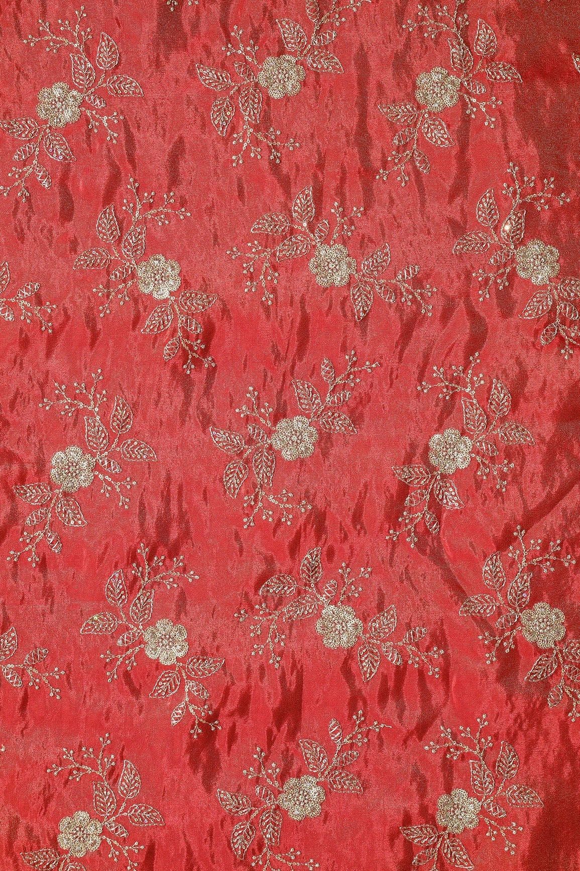 Gold Sequins And Zari Floral Embroidery Work On Red Pure Viscose Zari Tissue Fabric - doeraa