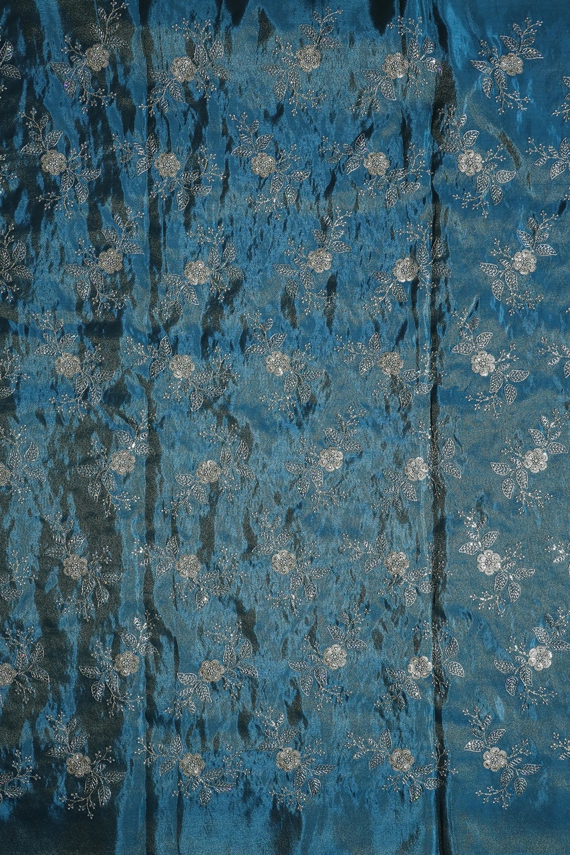 Gold Sequins And Zari Floral Embroidery Work On Turkish Blue Pure Viscose Zari Tissue Fabric - doeraa