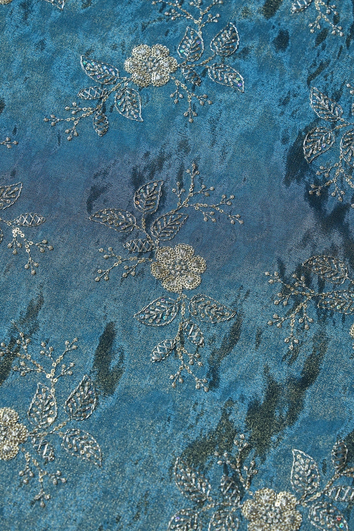 Gold Sequins And Zari Floral Embroidery Work On Turkish Blue Pure Viscose Zari Tissue Fabric - doeraa