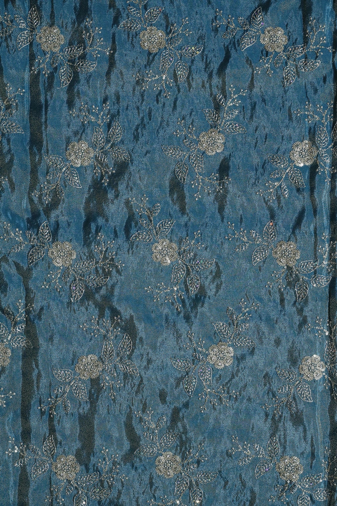 Gold Sequins And Zari Floral Embroidery Work On Turkish Blue Pure Viscose Zari Tissue Fabric - doeraa
