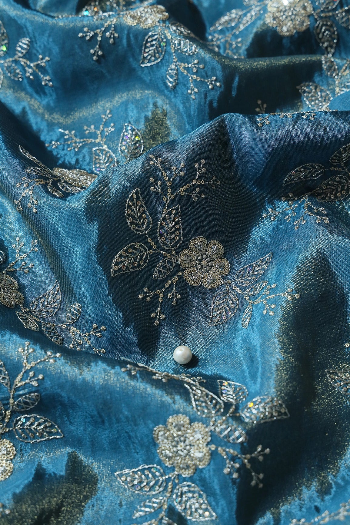 Gold Sequins And Zari Floral Embroidery Work On Turkish Blue Pure Viscose Zari Tissue Fabric - doeraa