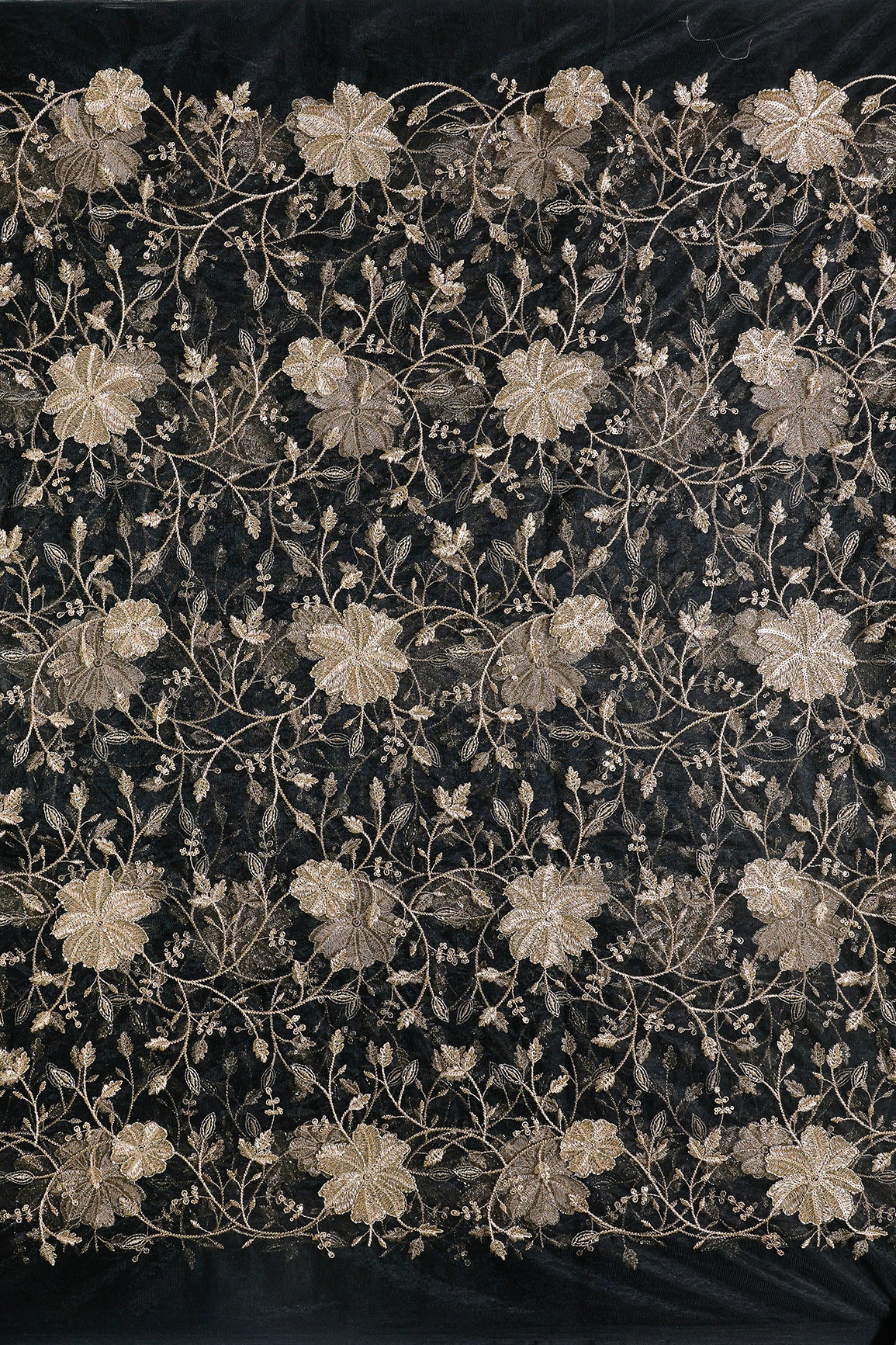 Gold Sequins & Beads With Zari Floral Leafy Embroidery Work On Black Soft Net Fabric - doeraa