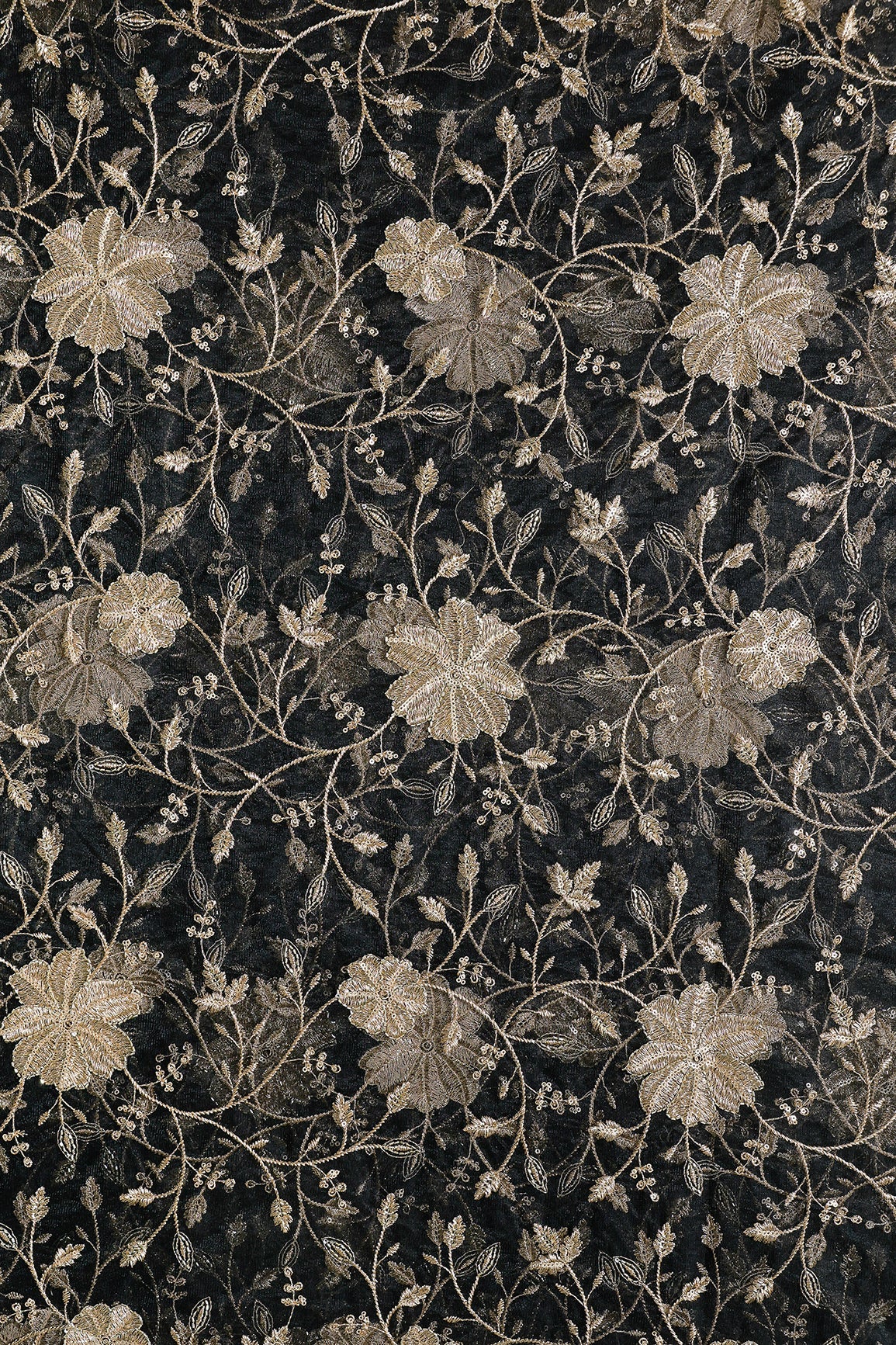 Gold Sequins & Beads With Zari Floral Leafy Embroidery Work On Black Soft Net Fabric - doeraa