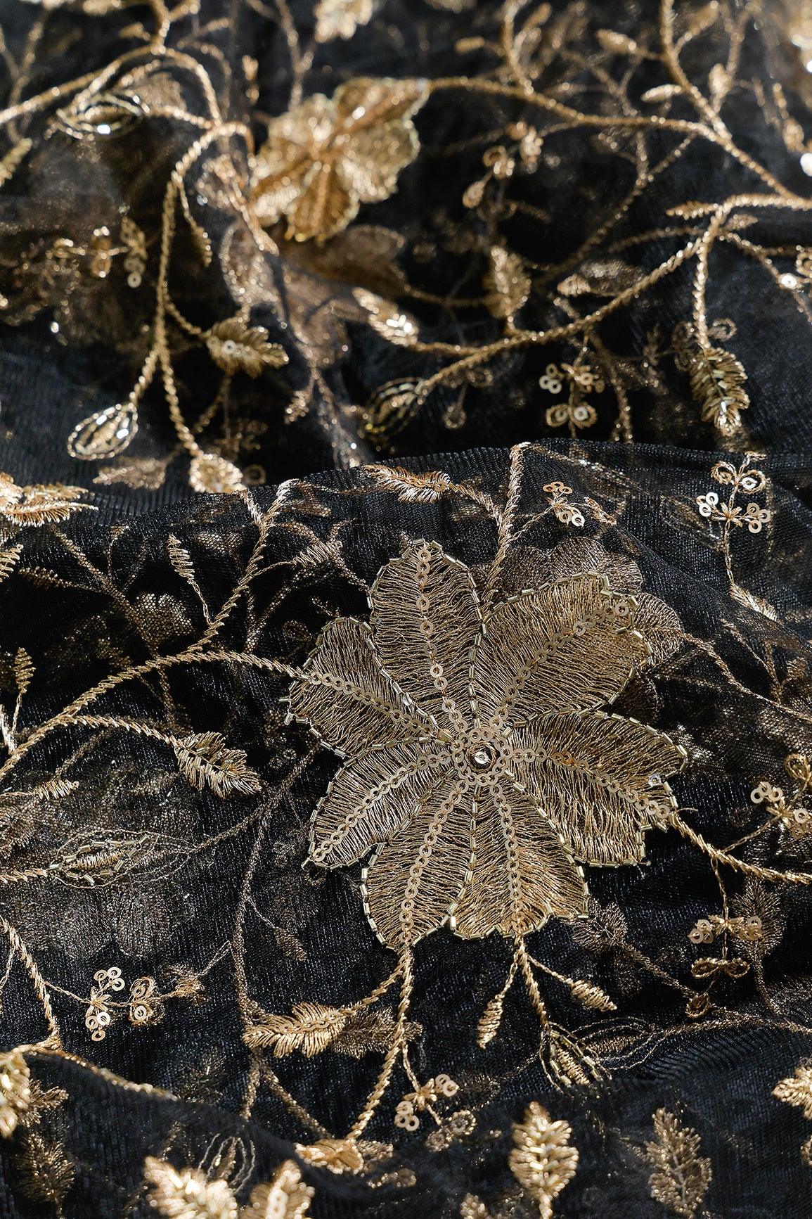 Gold Sequins & Beads With Zari Floral Leafy Embroidery Work On Black Soft Net Fabric - doeraa