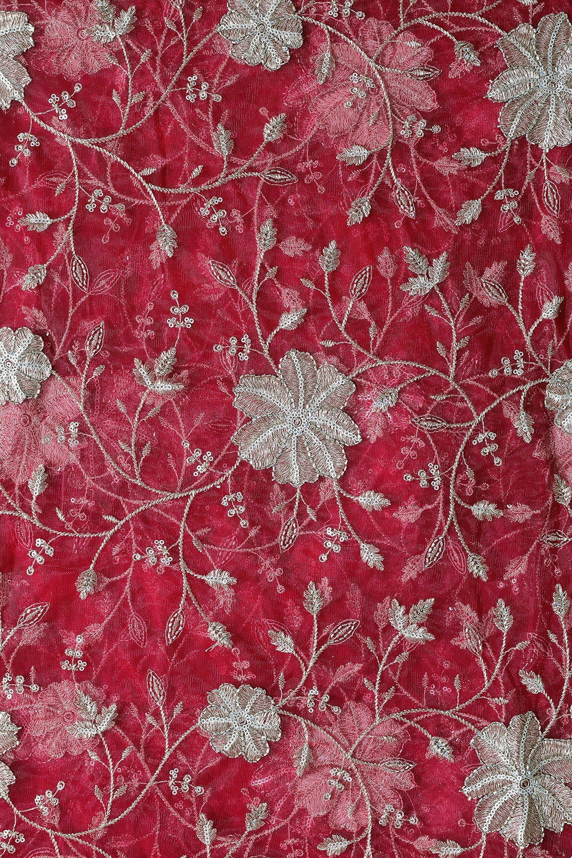Gold Sequins & Beads With Zari Floral Leafy Embroidery Work On Cherry Red Soft Net Fabric - doeraa