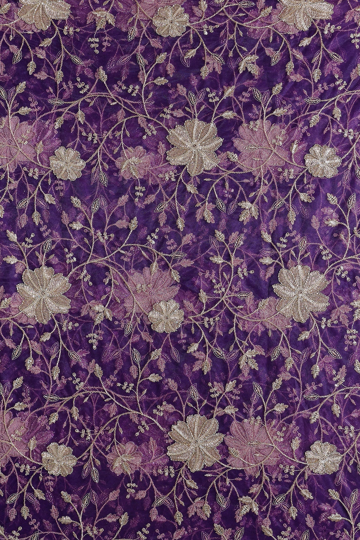 Gold Sequins & Beads With Zari Floral Leafy Embroidery Work On Purple Soft Net Fabric - doeraa