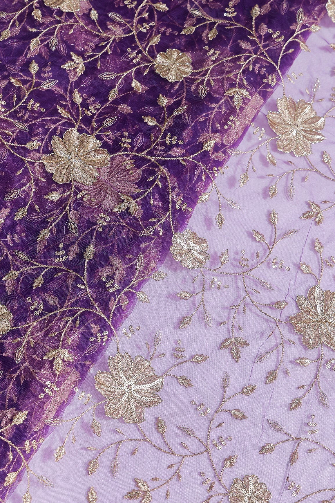 Gold Sequins & Beads With Zari Floral Leafy Embroidery Work On Purple Soft Net Fabric - doeraa