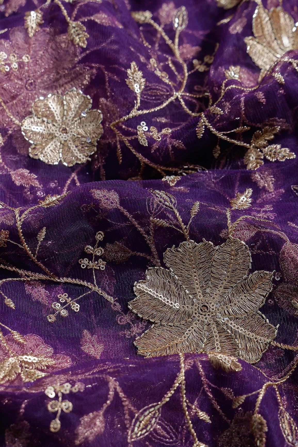Gold Sequins & Beads With Zari Floral Leafy Embroidery Work On Purple Soft Net Fabric - doeraa